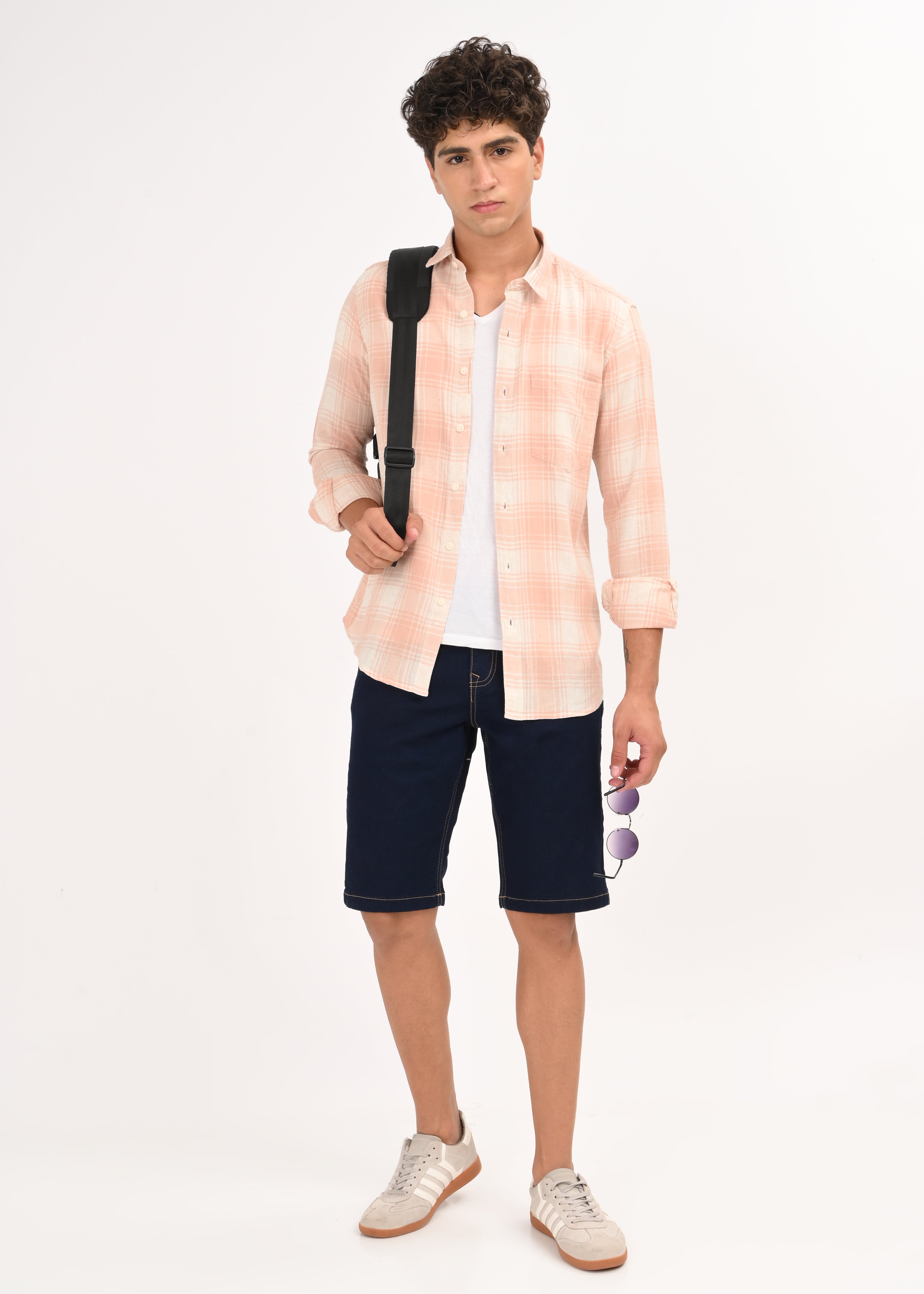 Men Peach Linen Cotton Checked Shirt