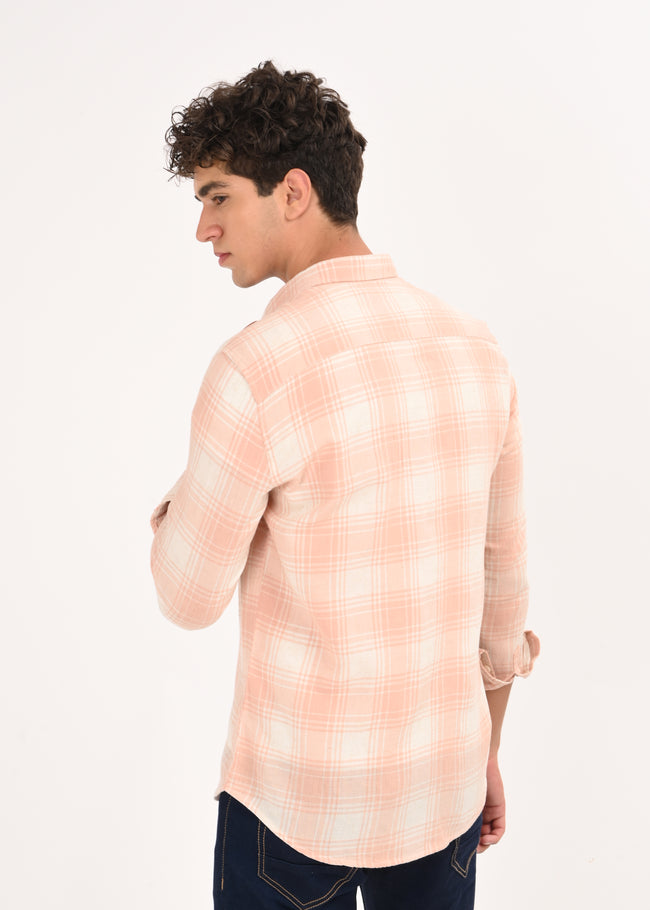 Men Peach Linen Cotton Checked Shirt