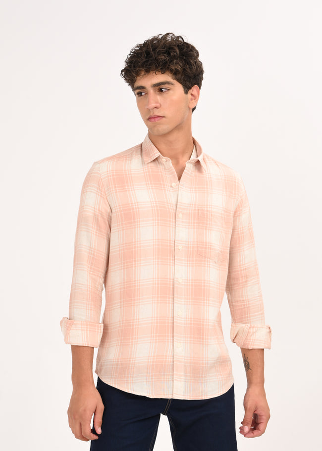 Men Peach Linen Cotton Checked Shirt