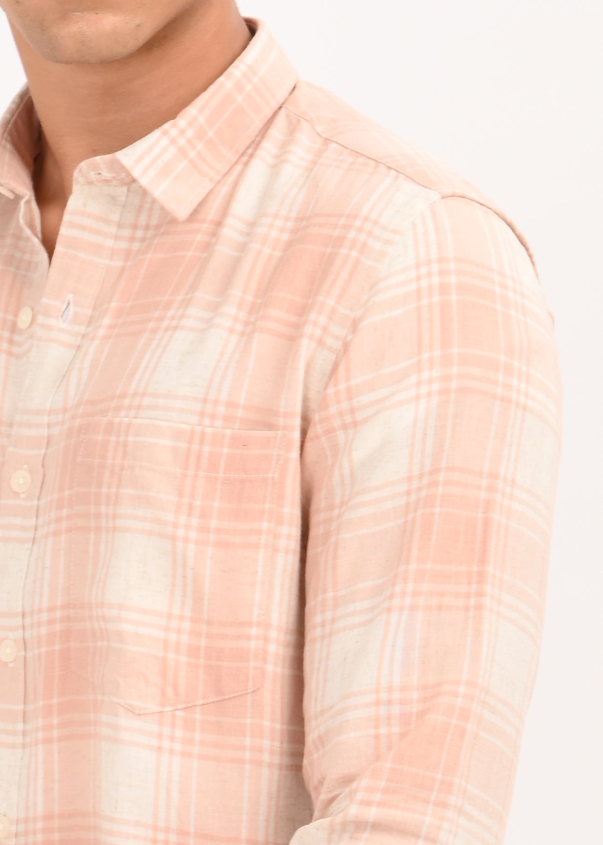 Men Peach Linen Cotton Checked Shirt