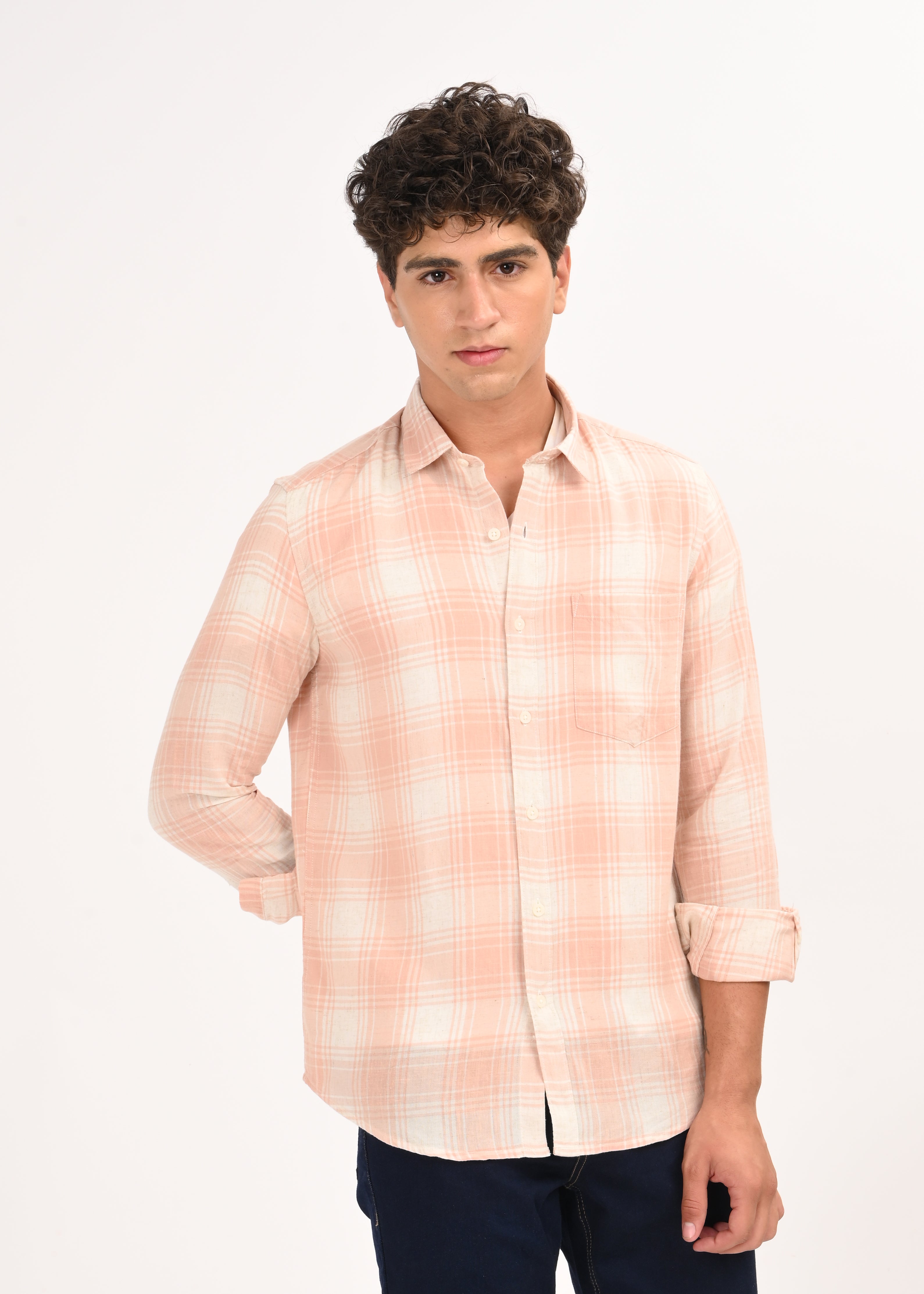 Men Peach Linen Cotton Checked Shirt