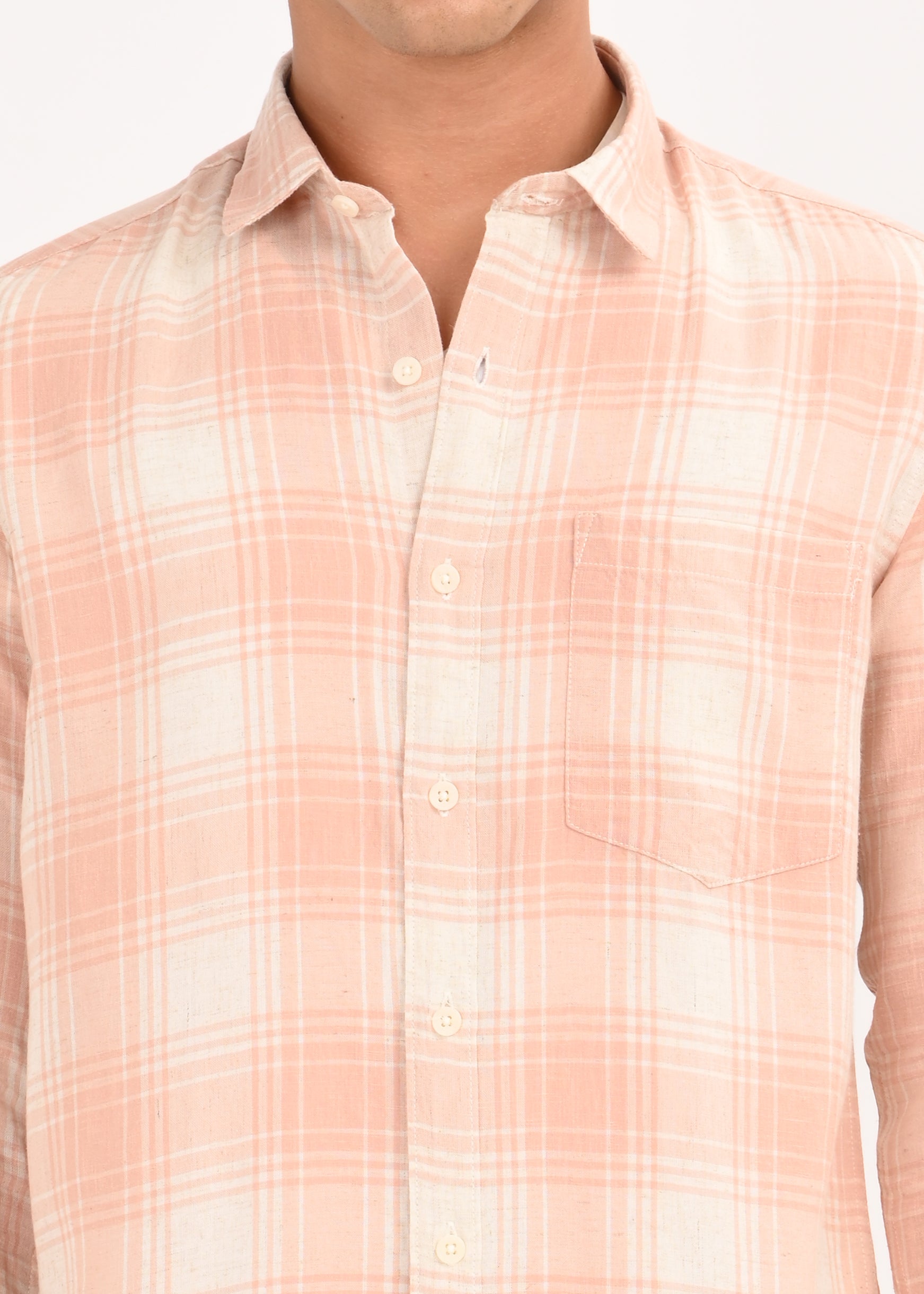 Men Peach Linen Cotton Checked Shirt