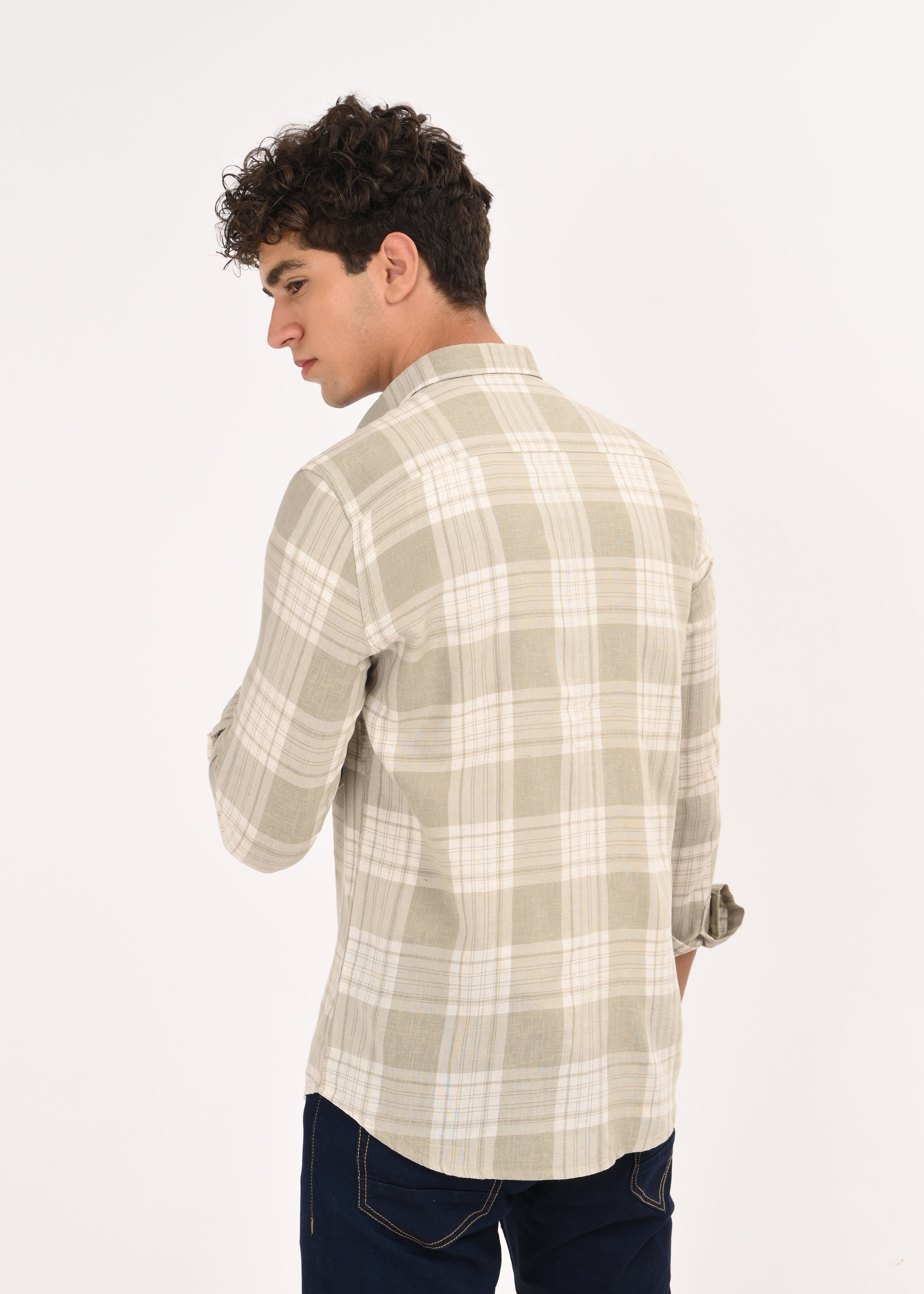 Men Green Linen Cotton Checked Shirt