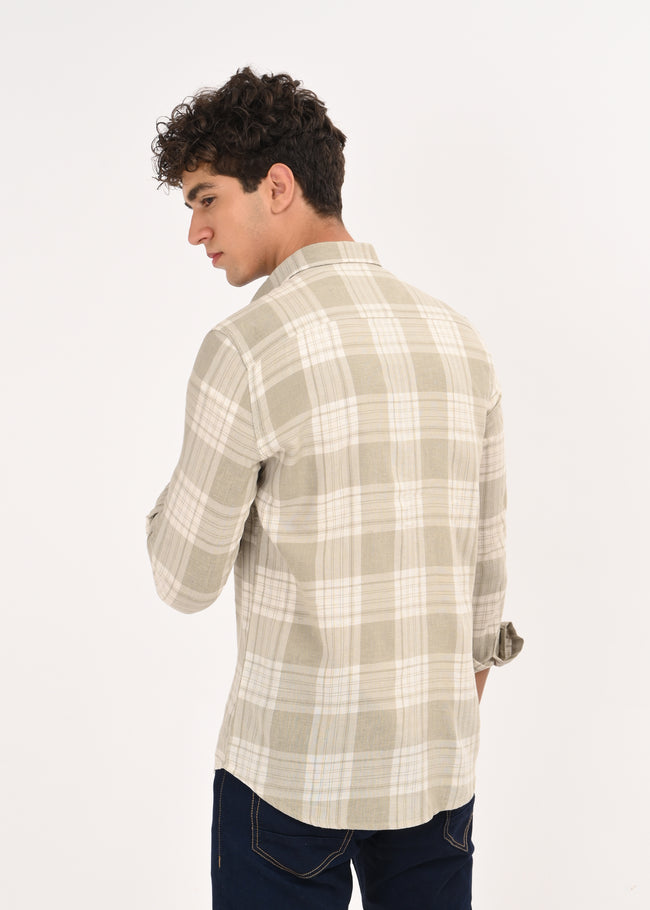 Men Green Linen Cotton Checked Shirt