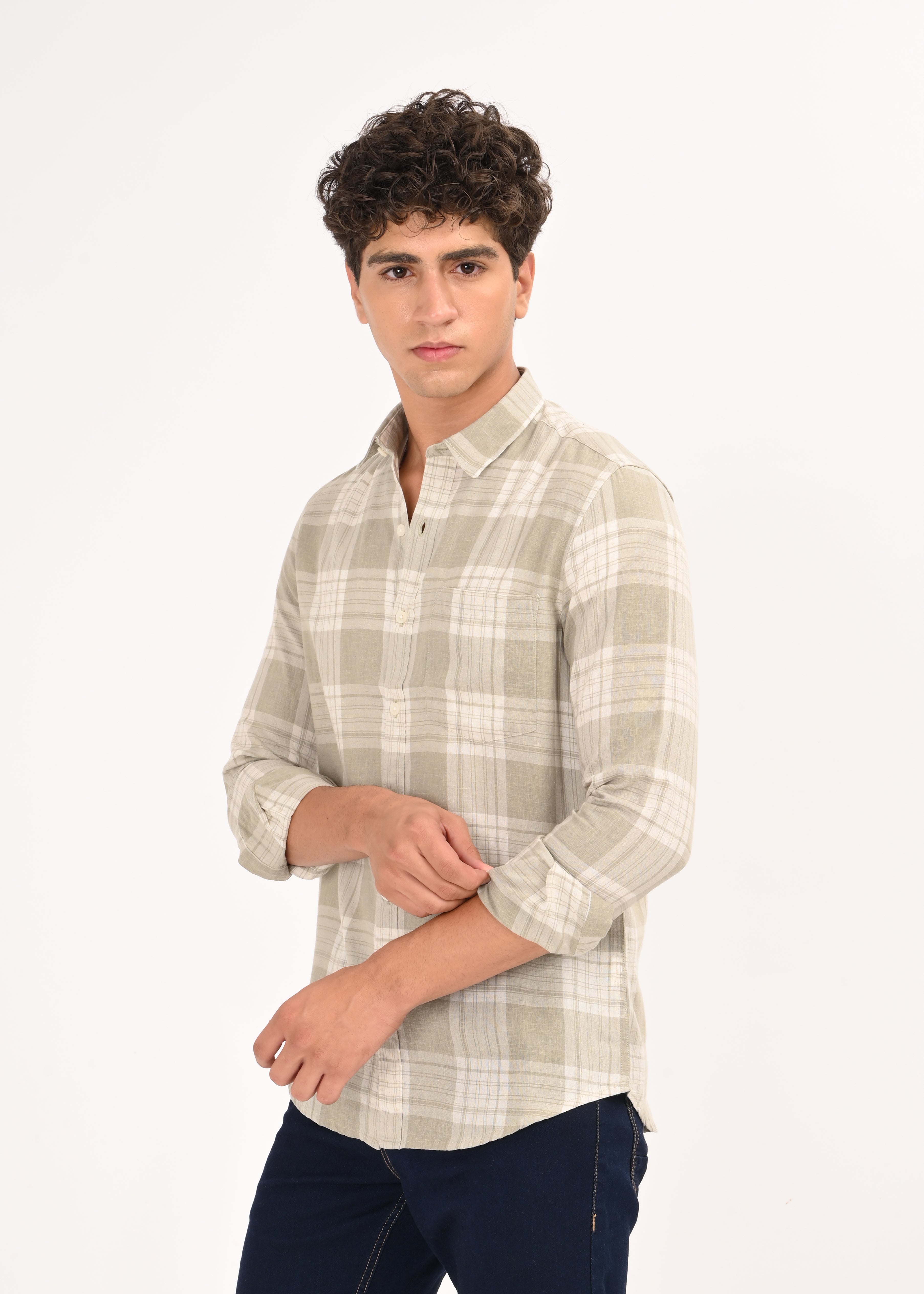 Men Green Linen Cotton Checked Shirt