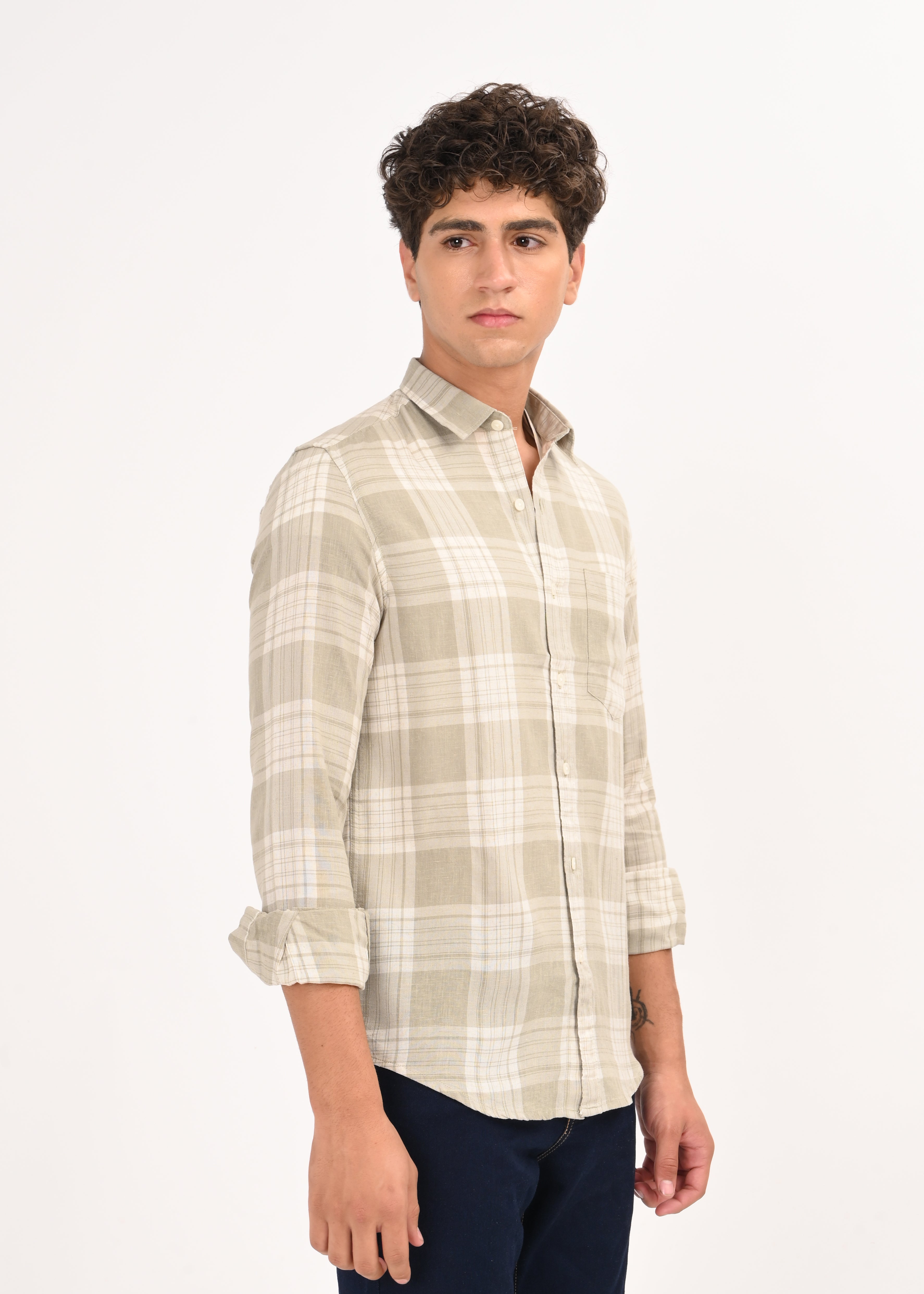 Men Green Linen Cotton Checked Shirt