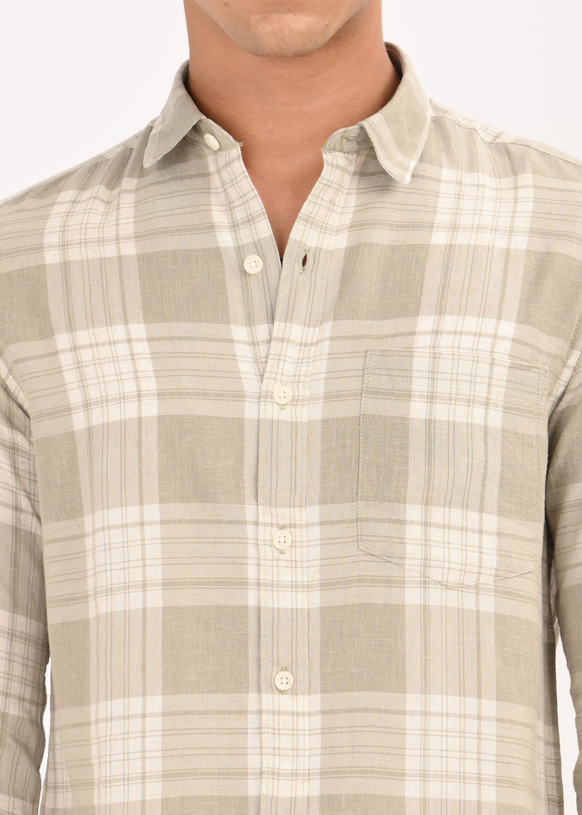 Men Green Linen Cotton Checked Shirt