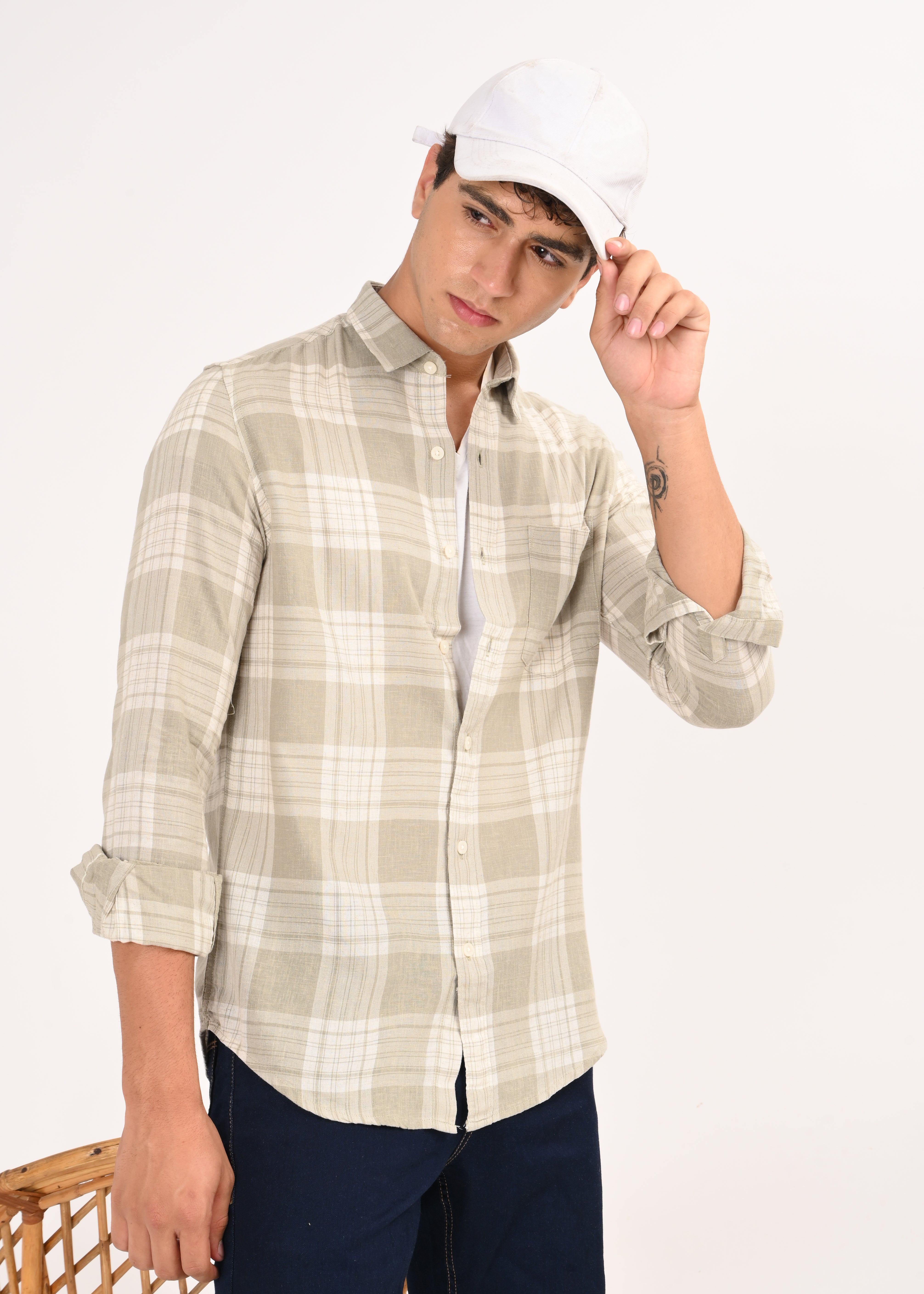 Men Green Linen Cotton Checked Shirt