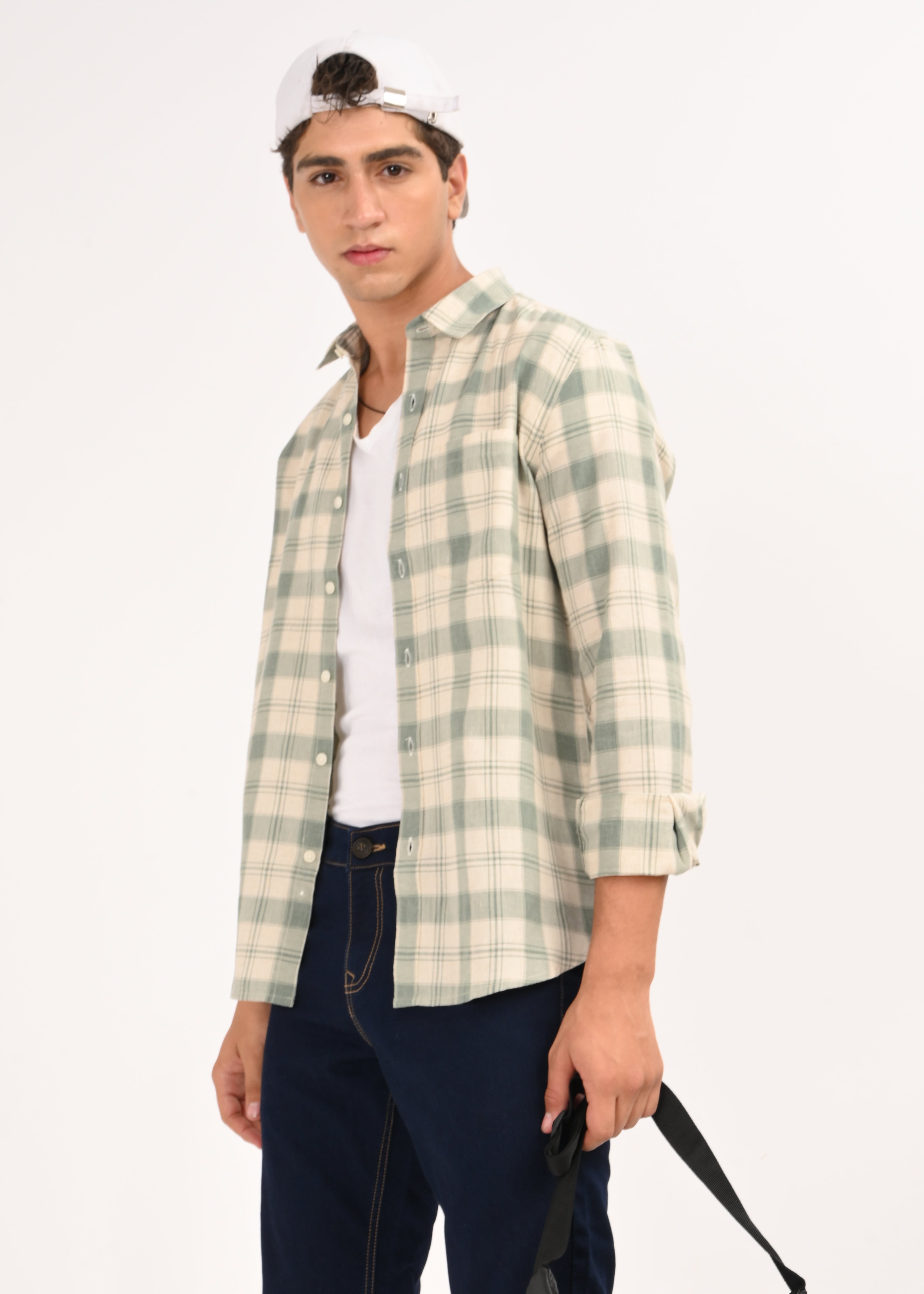Men Olive Linen Cotton Checked Shirt