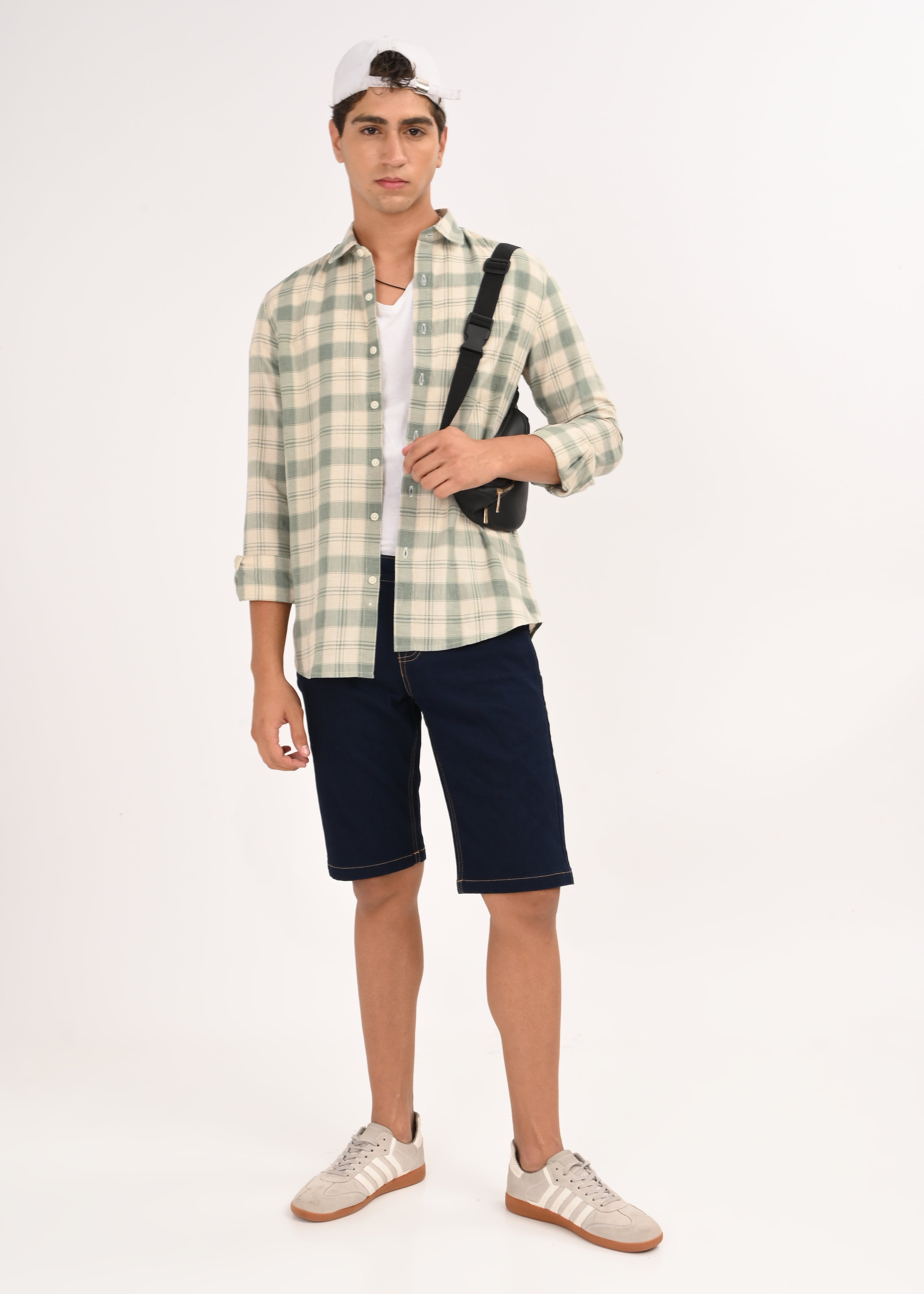 Men Olive Linen Cotton Checked Shirt
