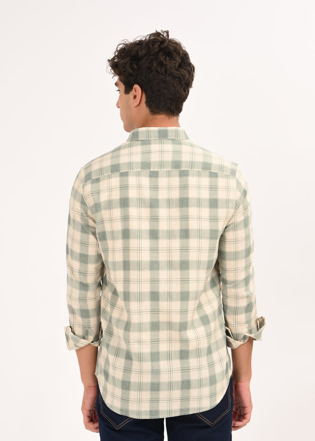 Men Olive Linen Cotton Checked Shirt