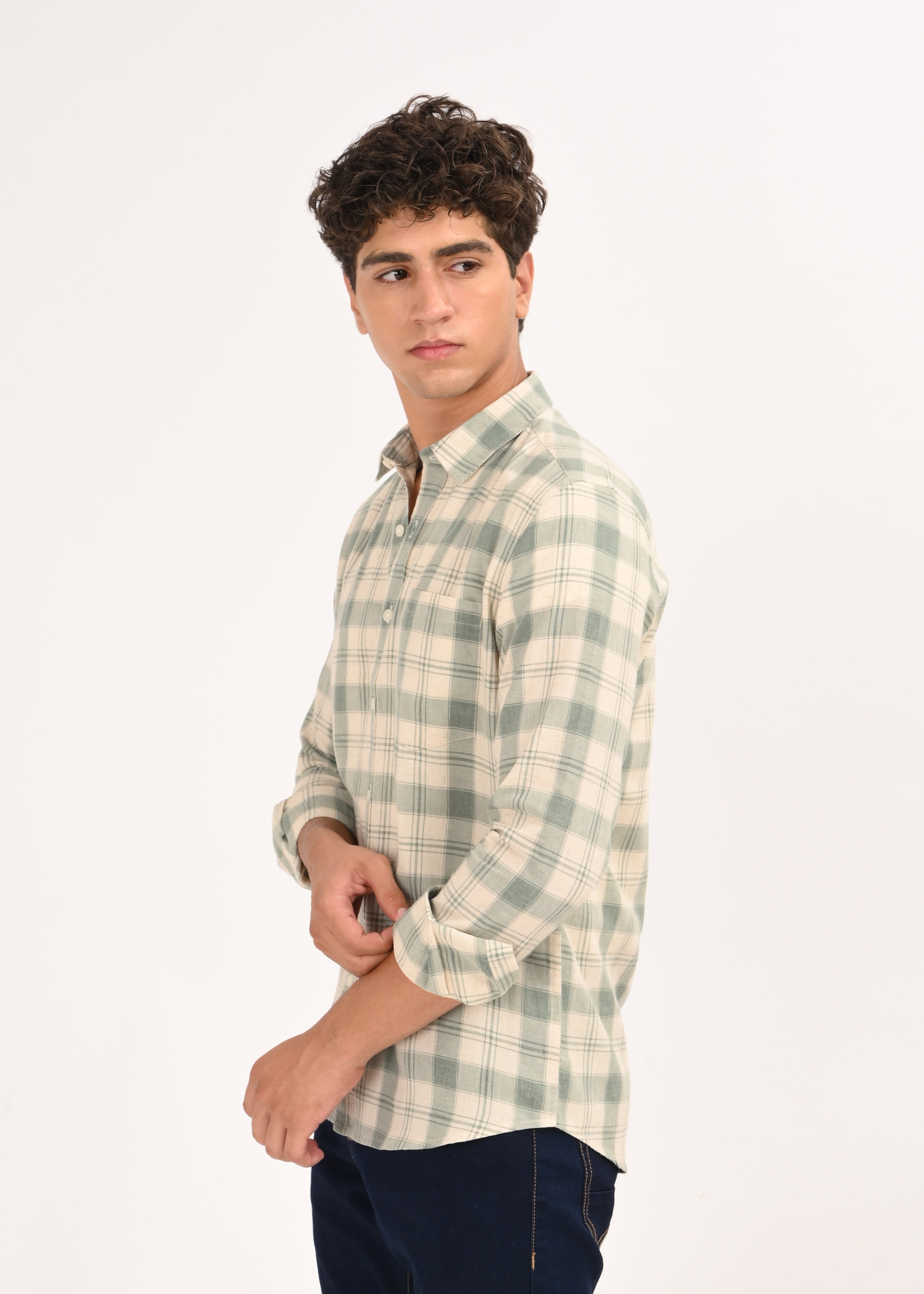 Men Olive Linen Cotton Checked Shirt