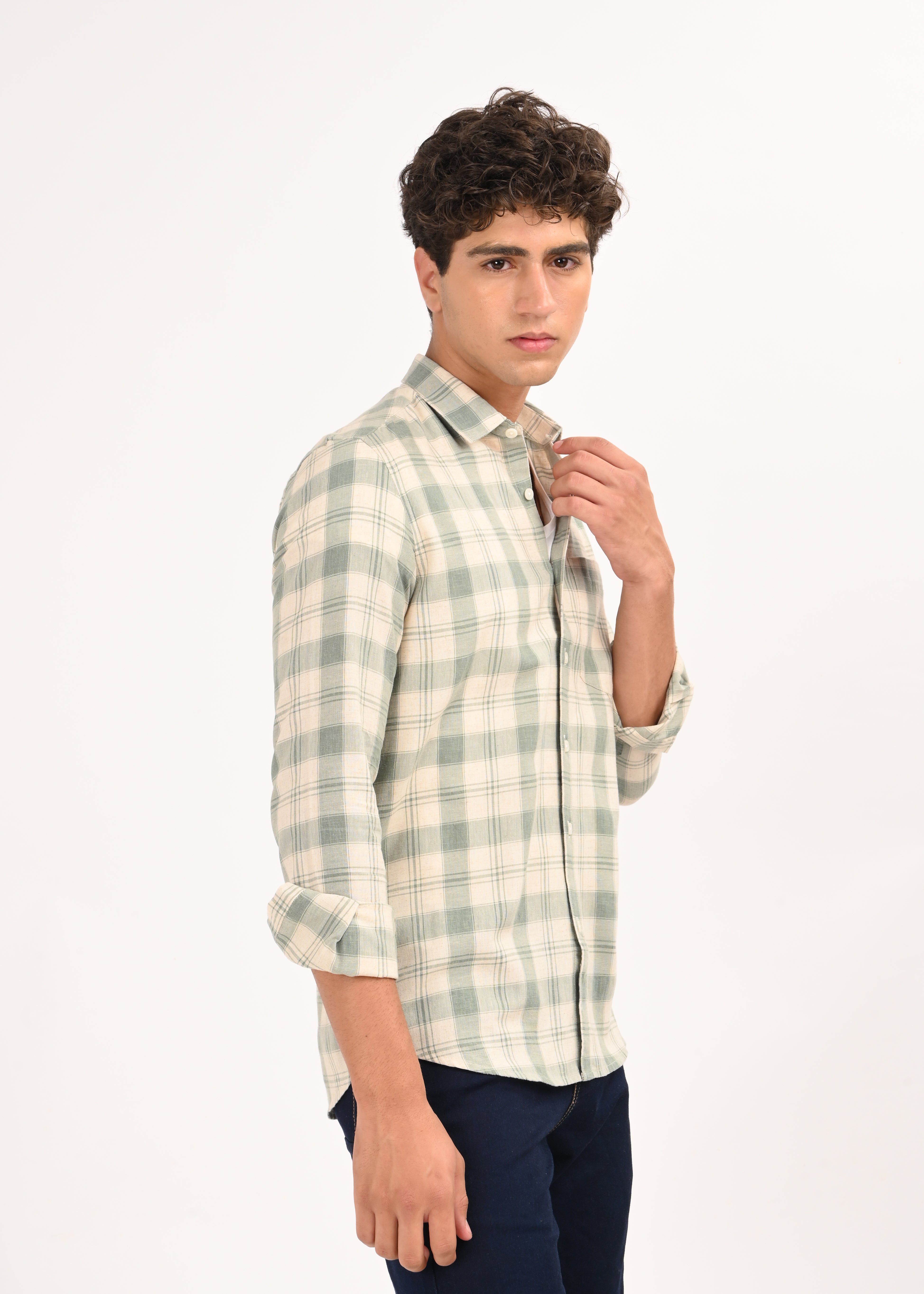 Men Olive Linen Cotton Checked Shirt