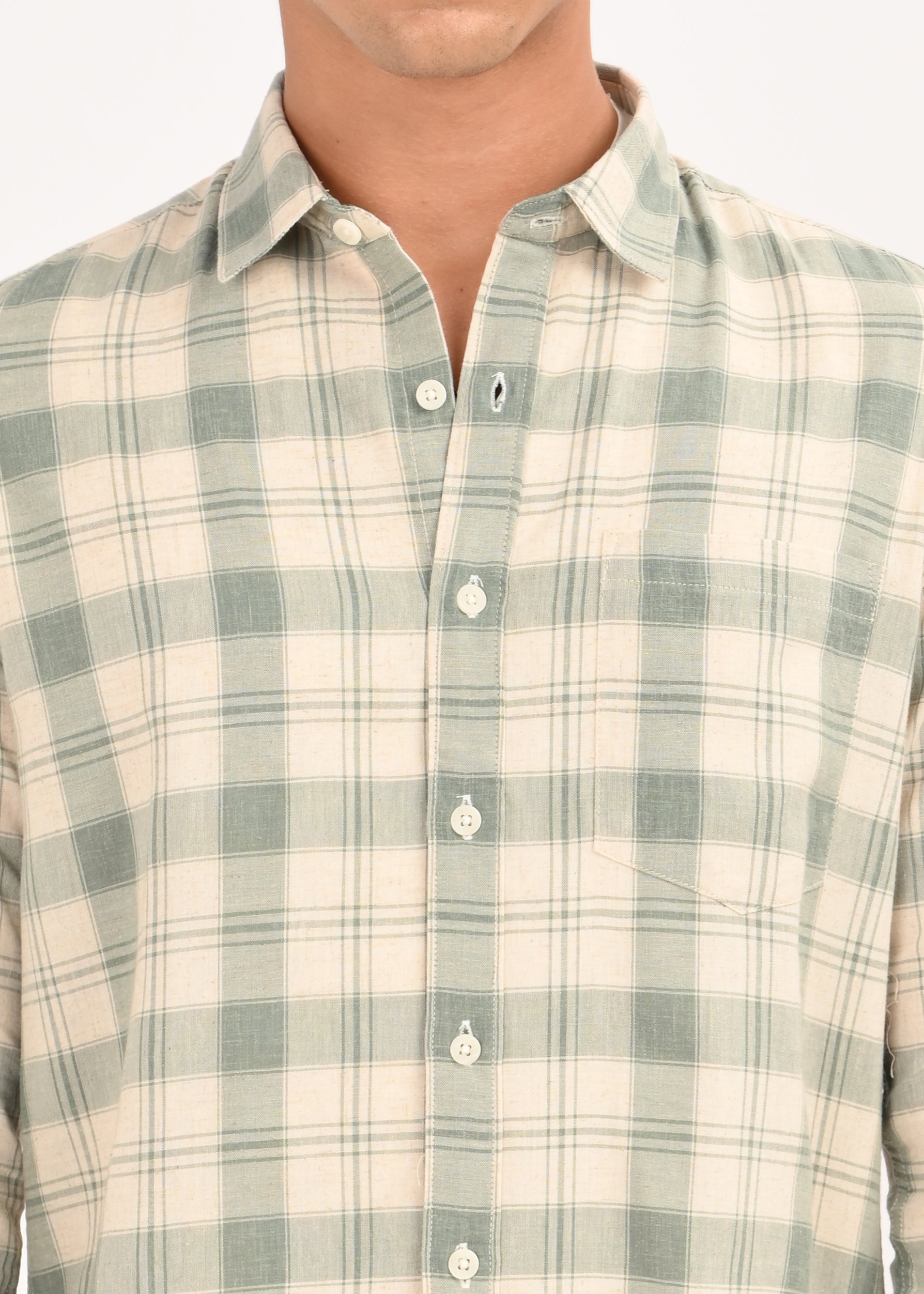 Men Olive Linen Cotton Checked Shirt