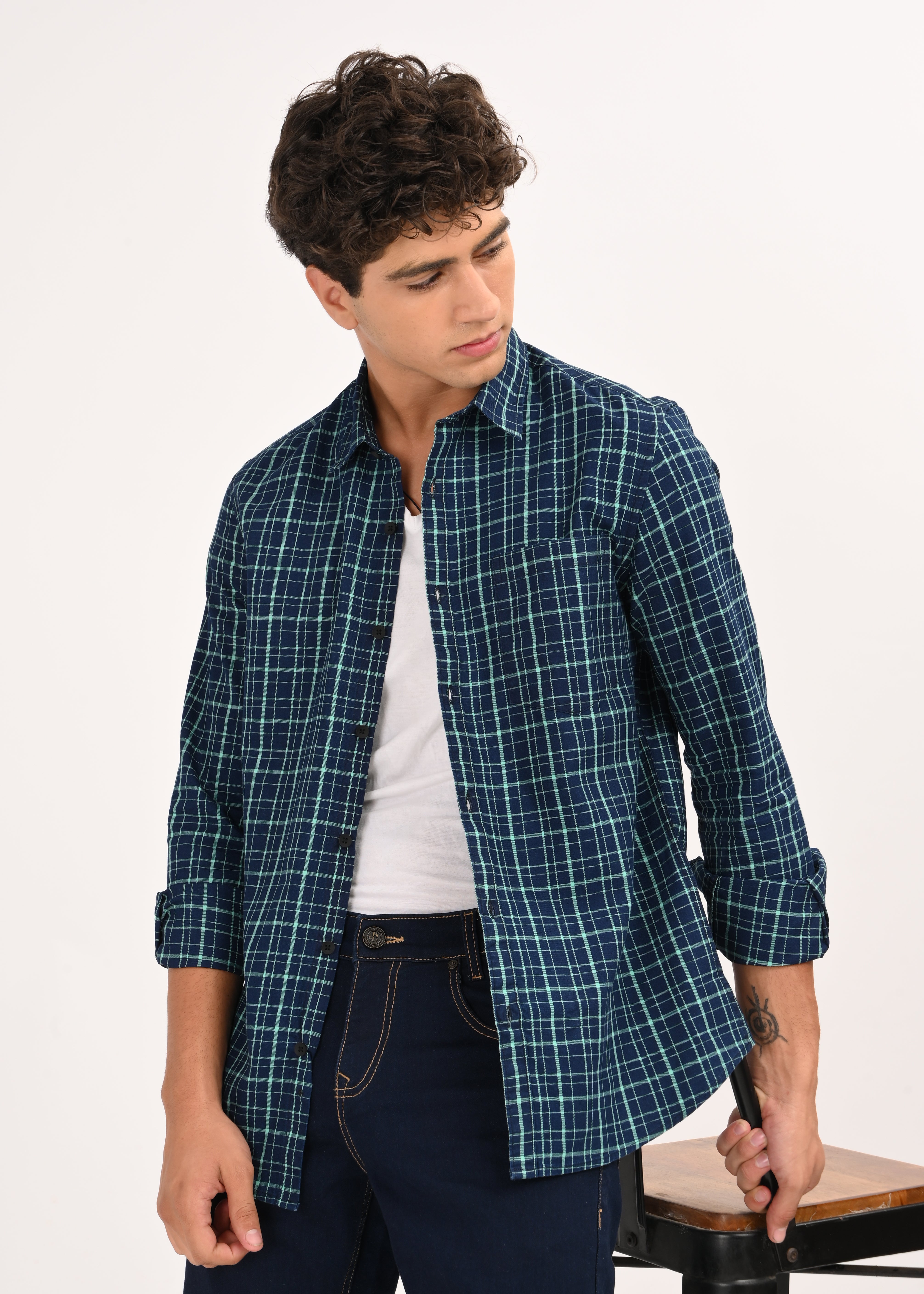 Men Green Dyed Checked Shirt