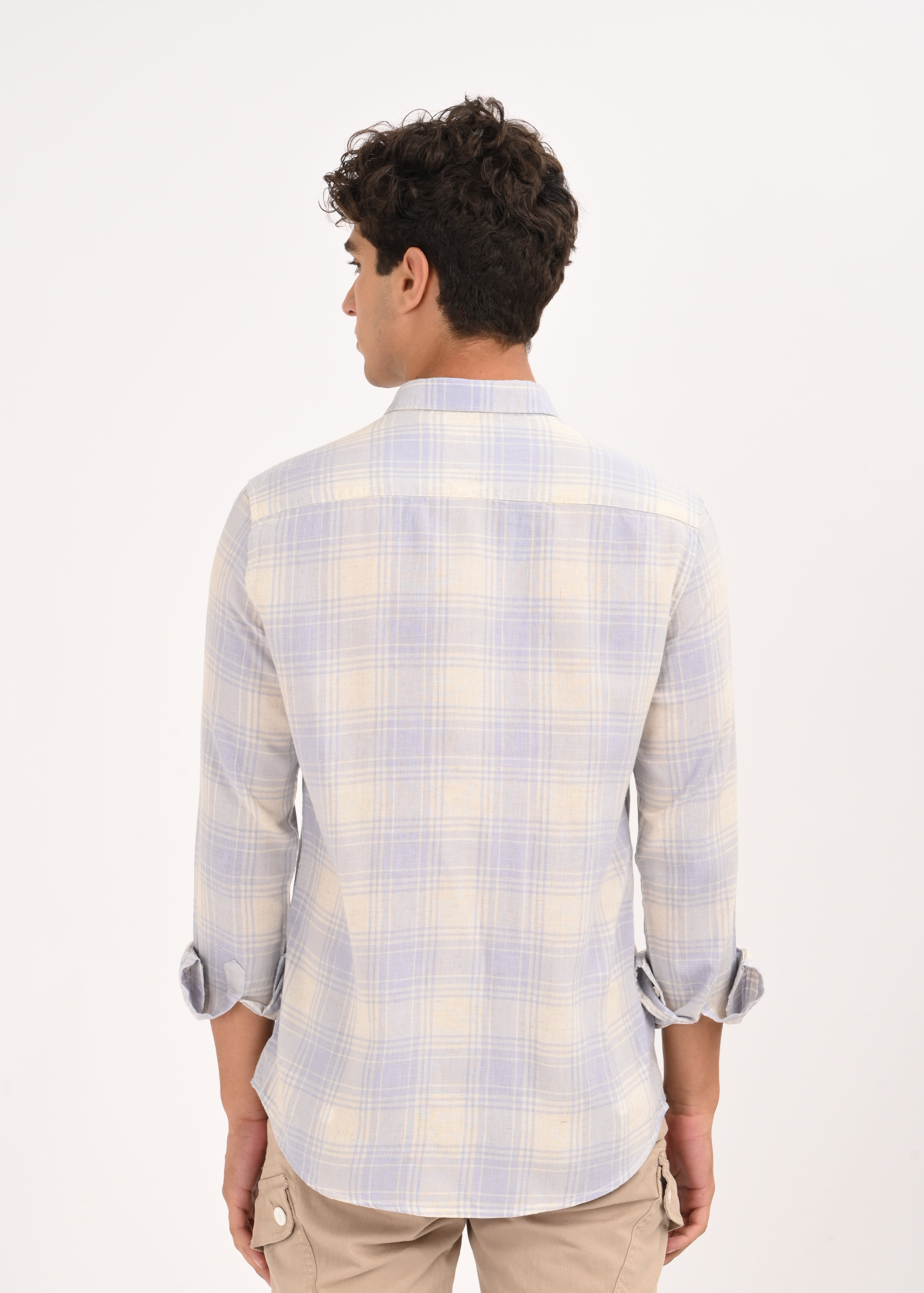 Men Blue Linen Cotton Checked Shirt