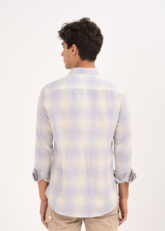 Men Blue Linen Cotton Checked Shirt