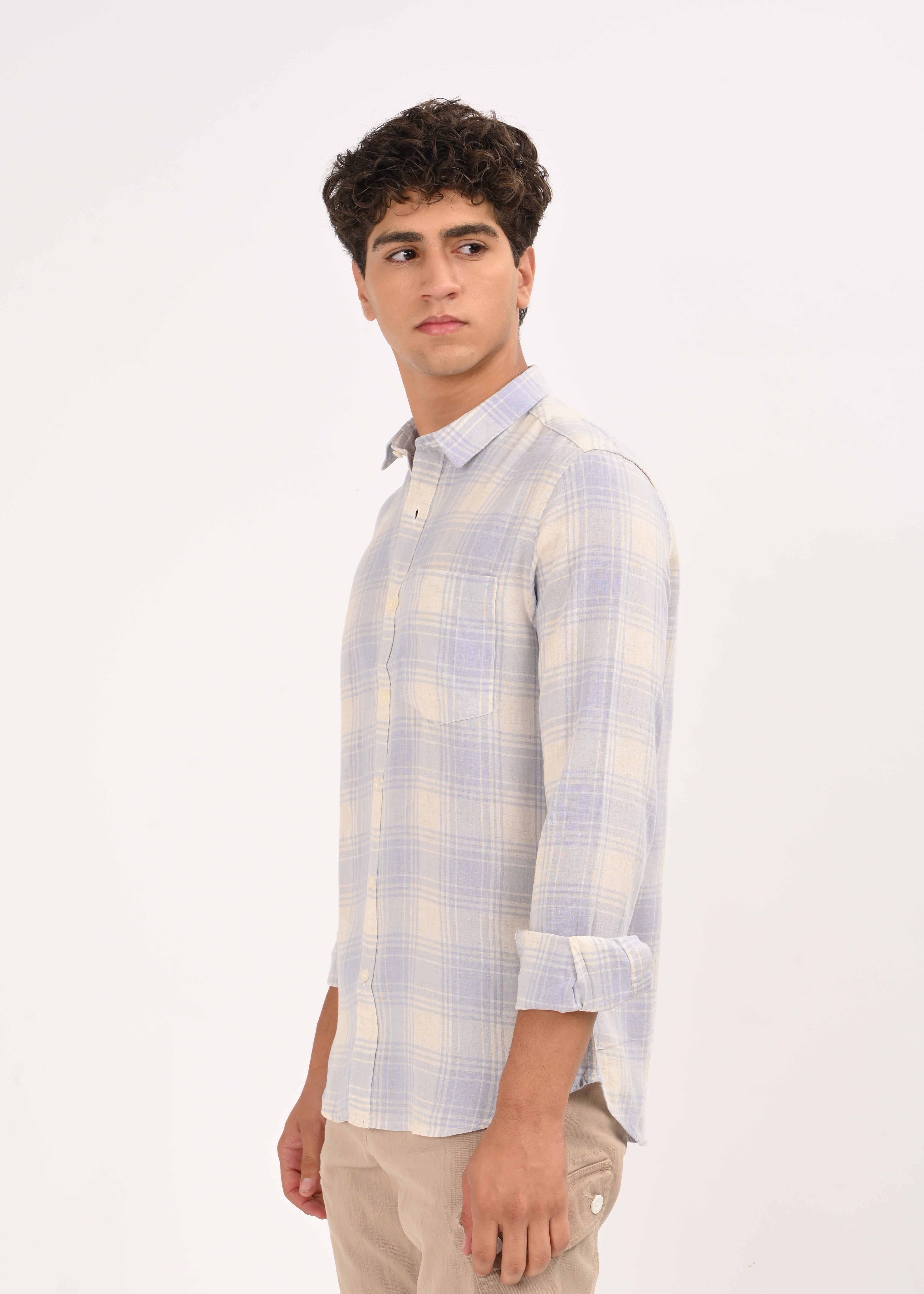 Men Blue Linen Cotton Checked Shirt