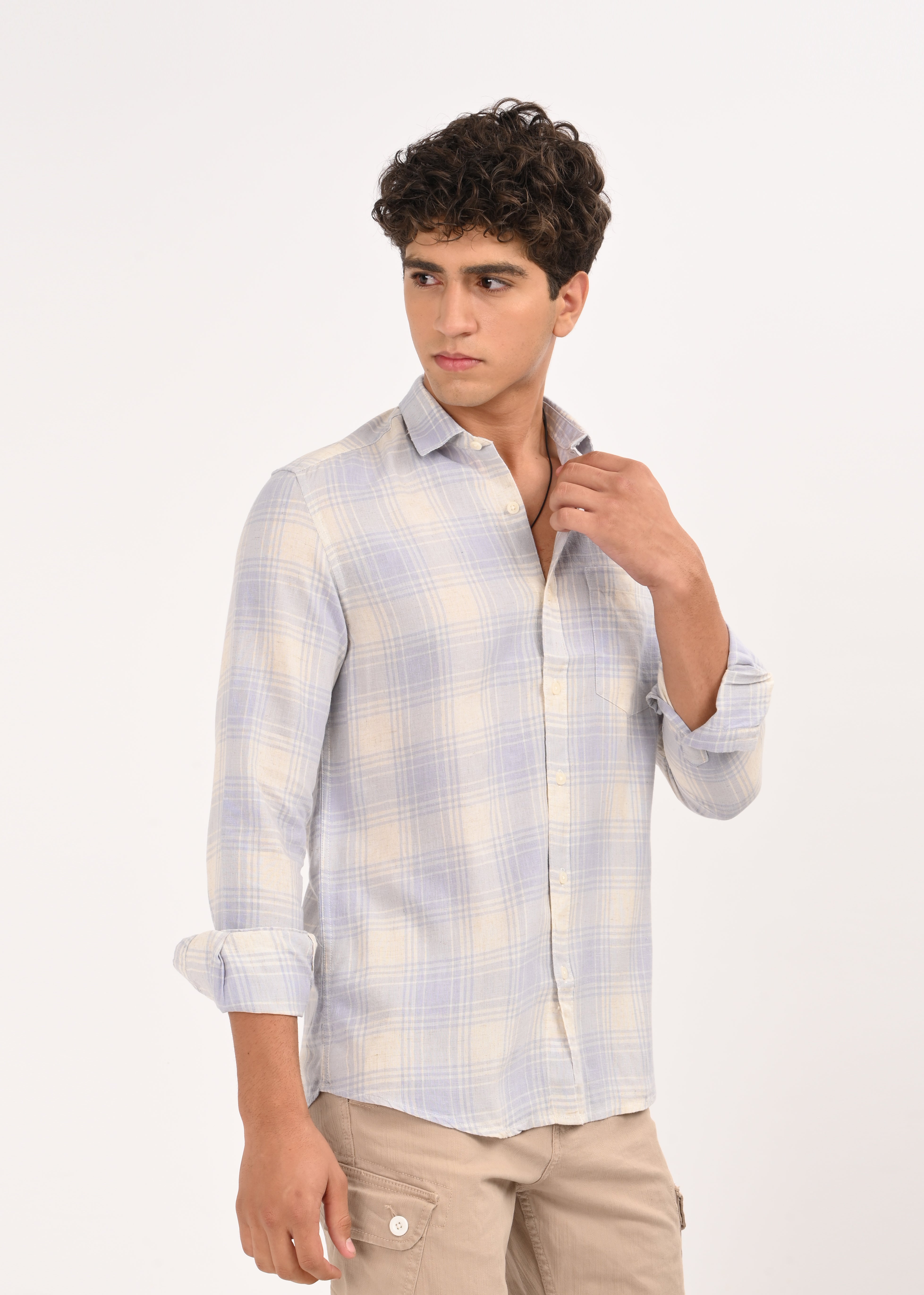 Men Blue Linen Cotton Checked Shirt