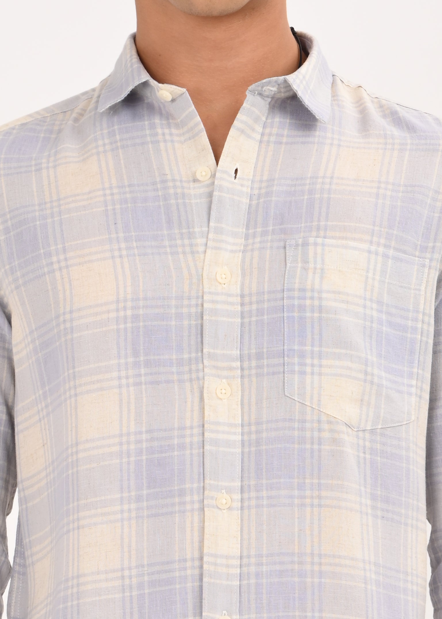Men Blue Linen Cotton Checked Shirt