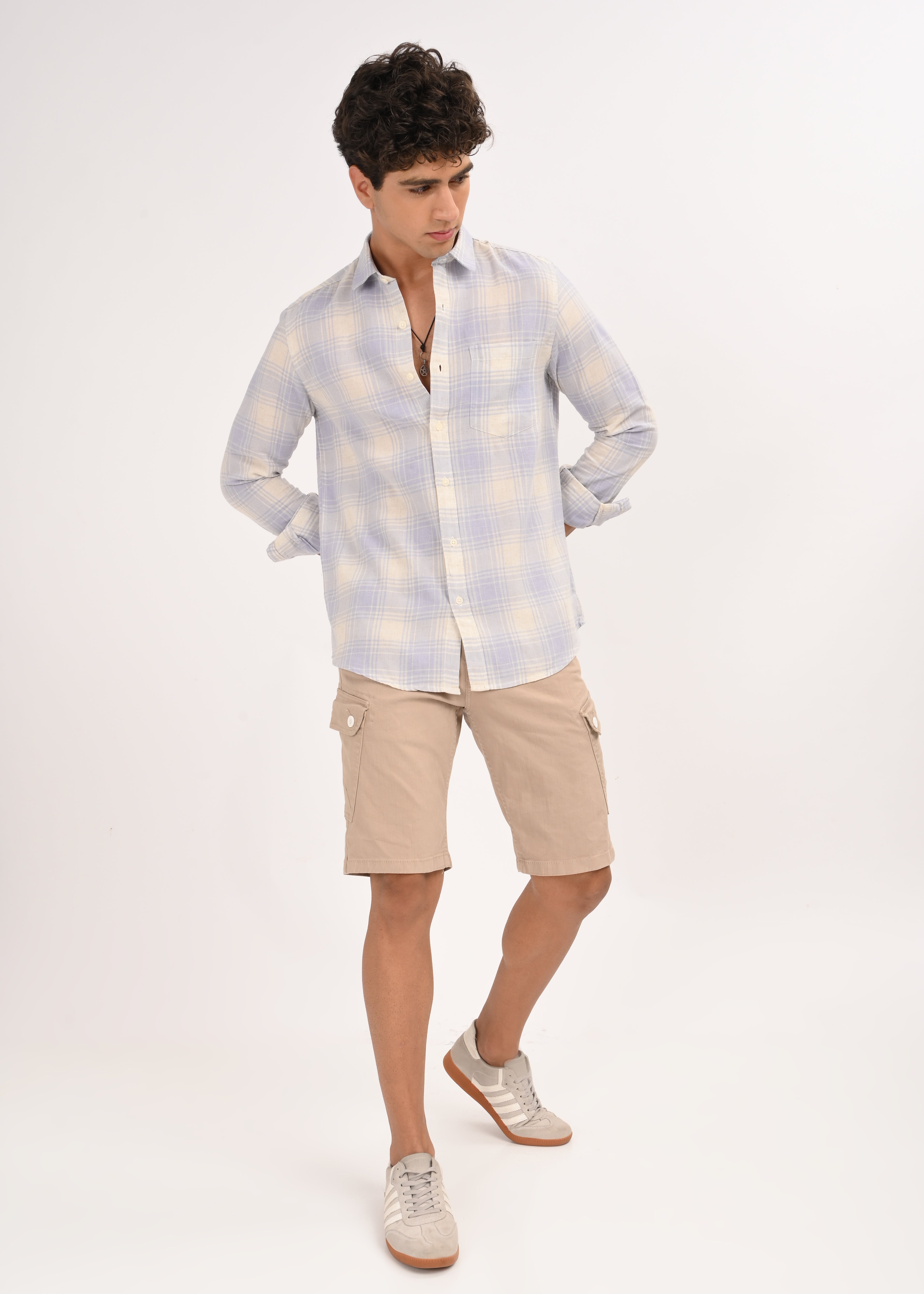 Men Blue Linen Cotton Checked Shirt