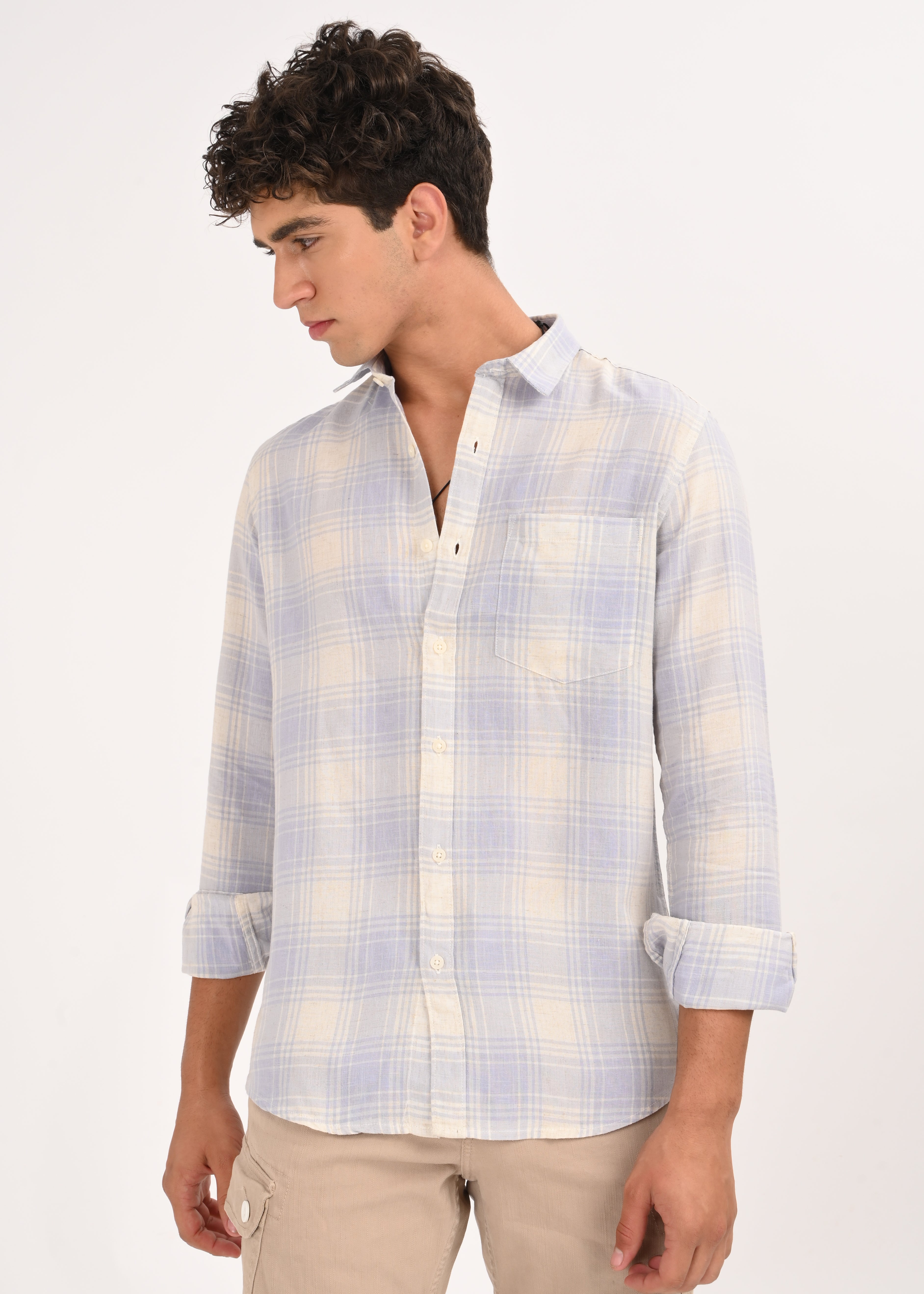 Men Blue Linen Cotton Checked Shirt