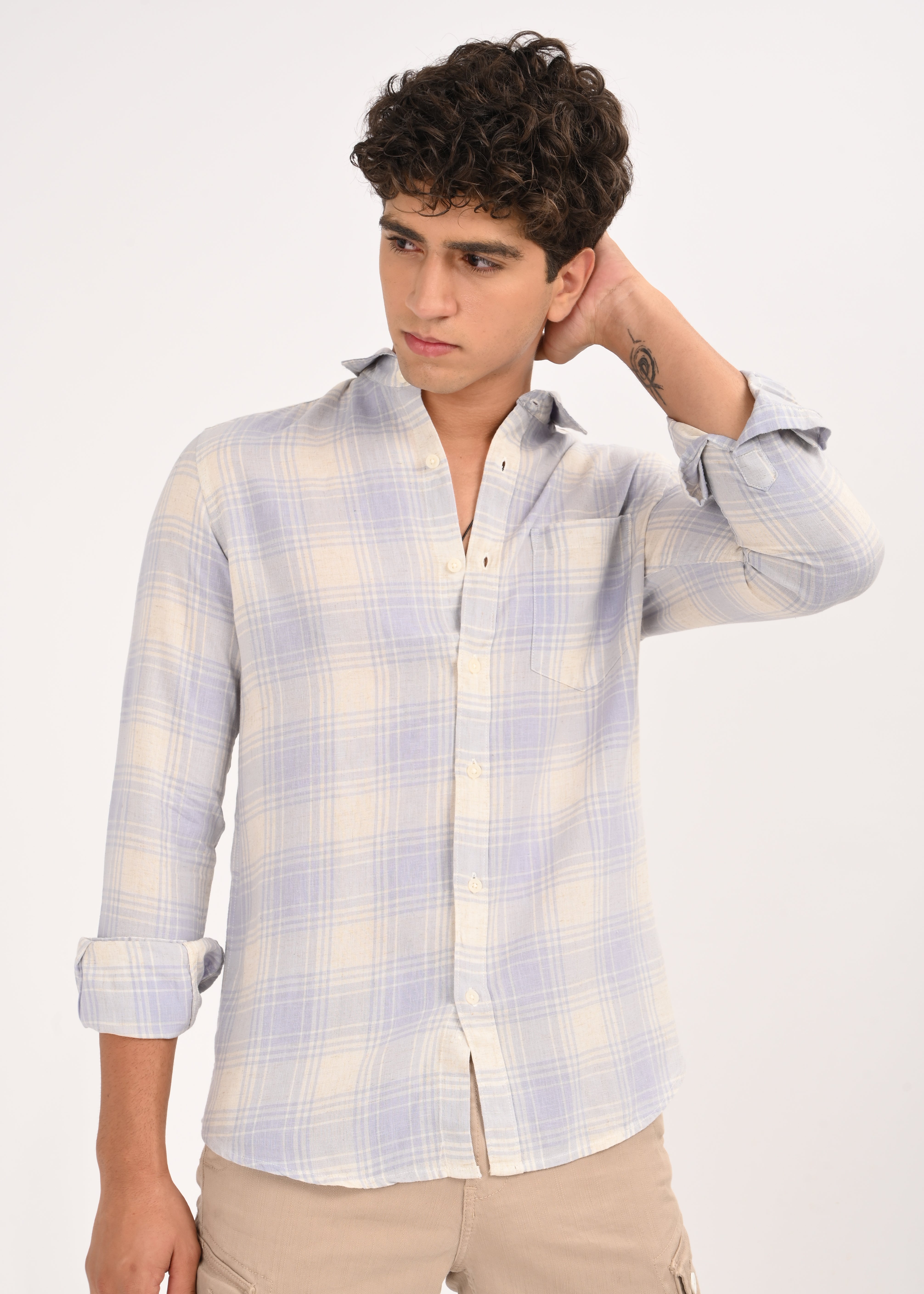 Men Blue Linen Cotton Checked Shirt