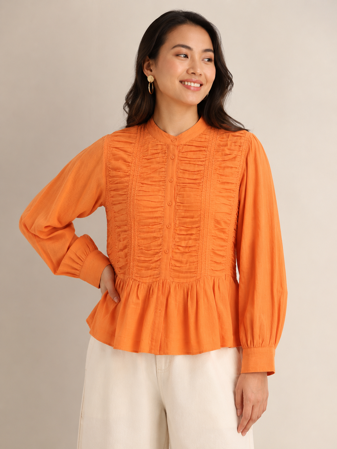 Women Orange Ruffle Front Peplum Top