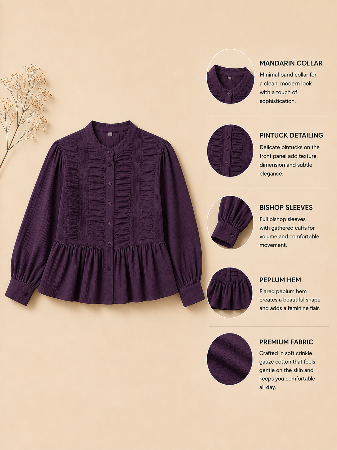 Women Violet Ruffle Front Peplum Top