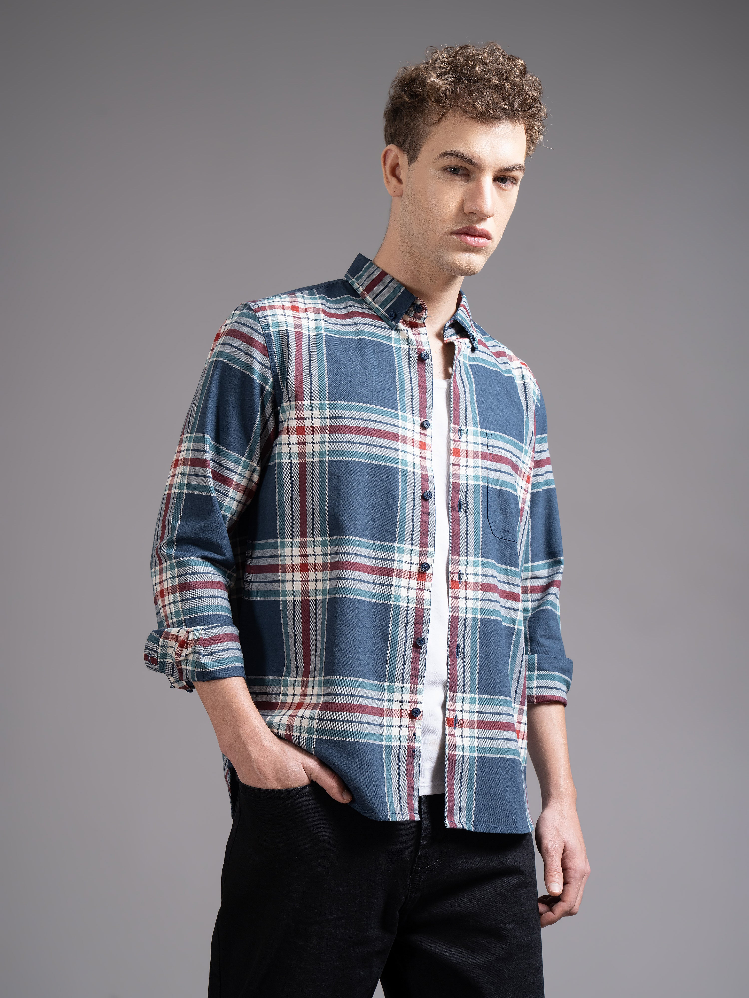Men Navy Checked Shirt
