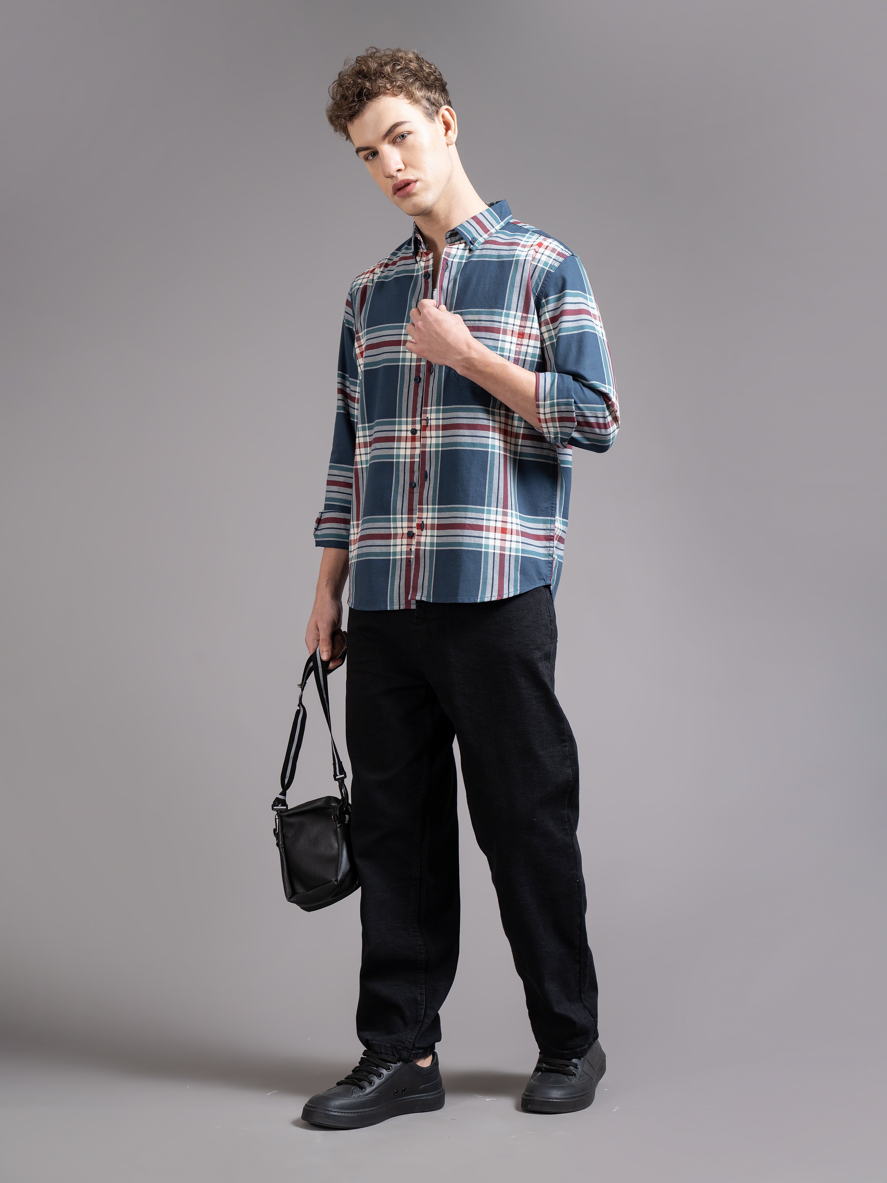 Men Navy Checked Shirt