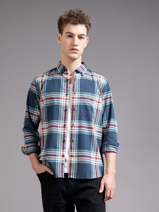 Men Navy Checked Shirt