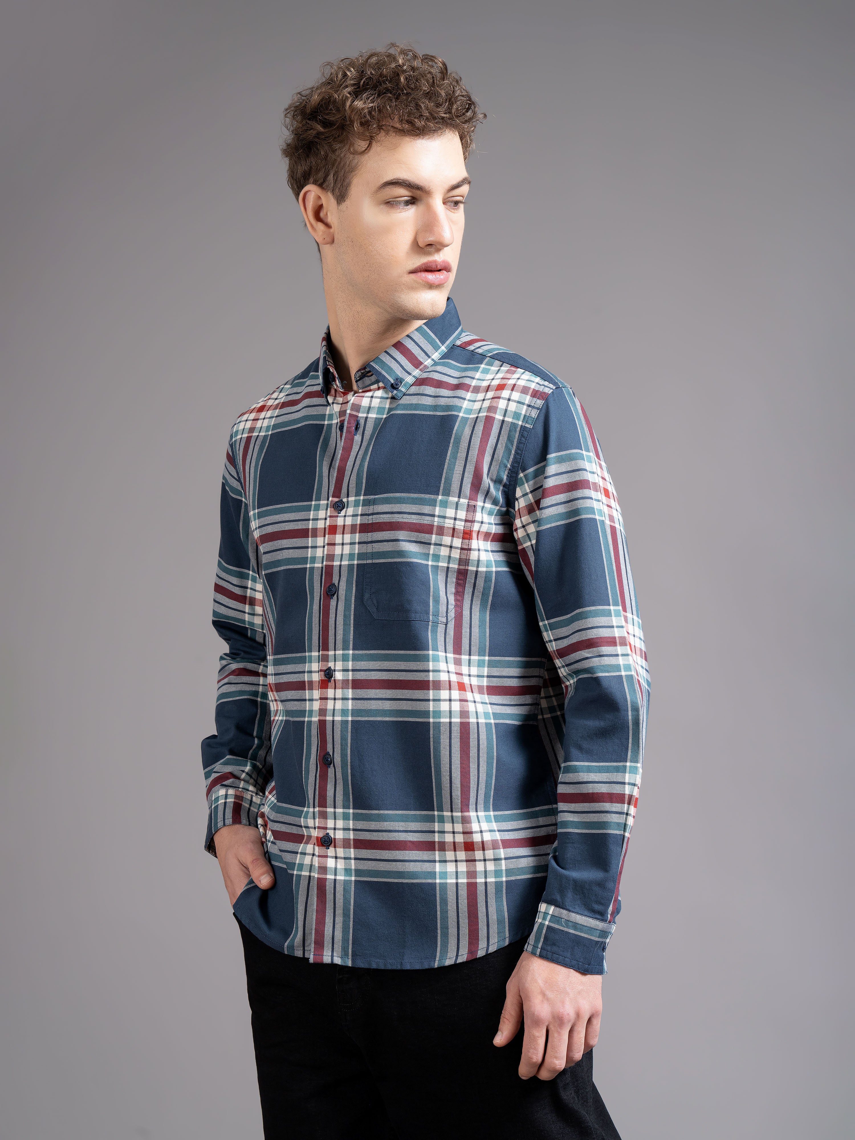 Men Navy Checked Shirt