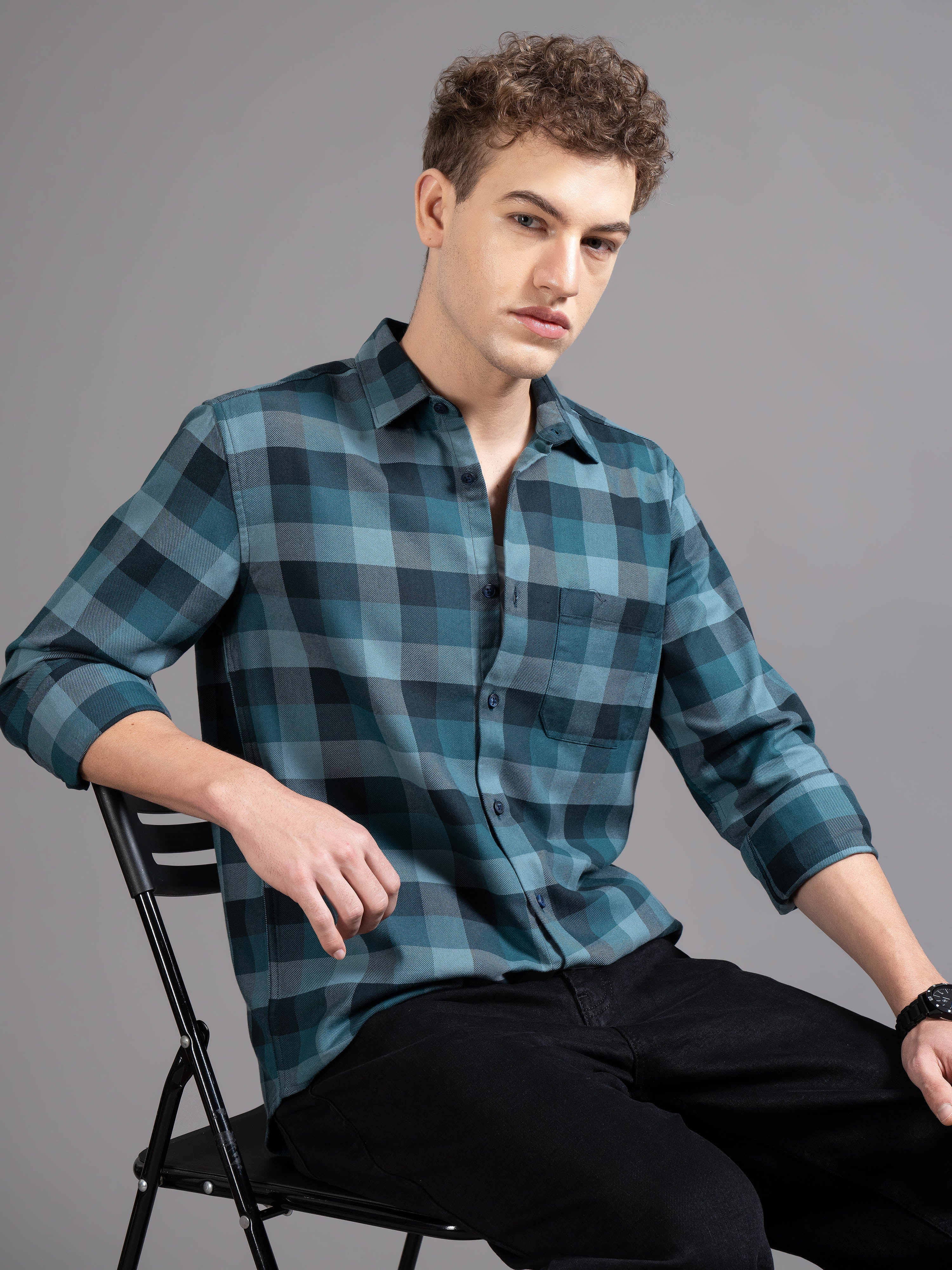 Men Blue Checked Shirt