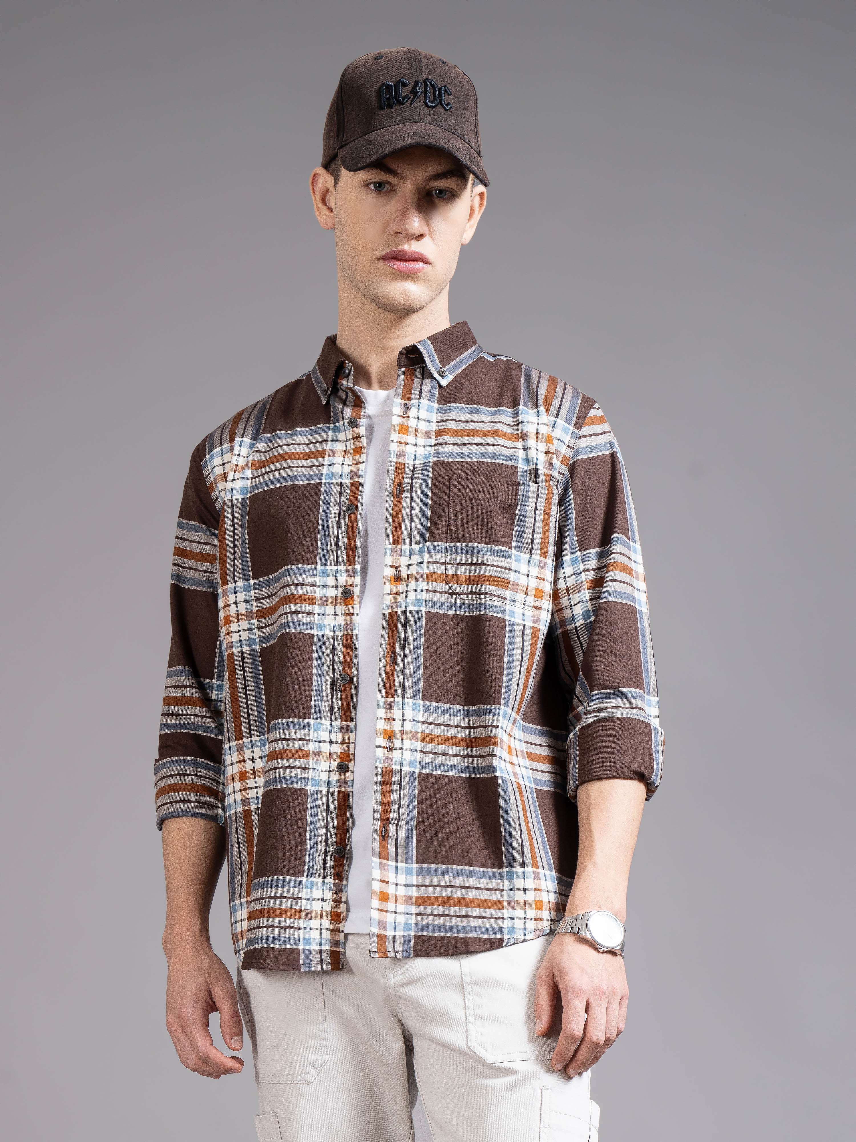 Men Brown Checked Shirt