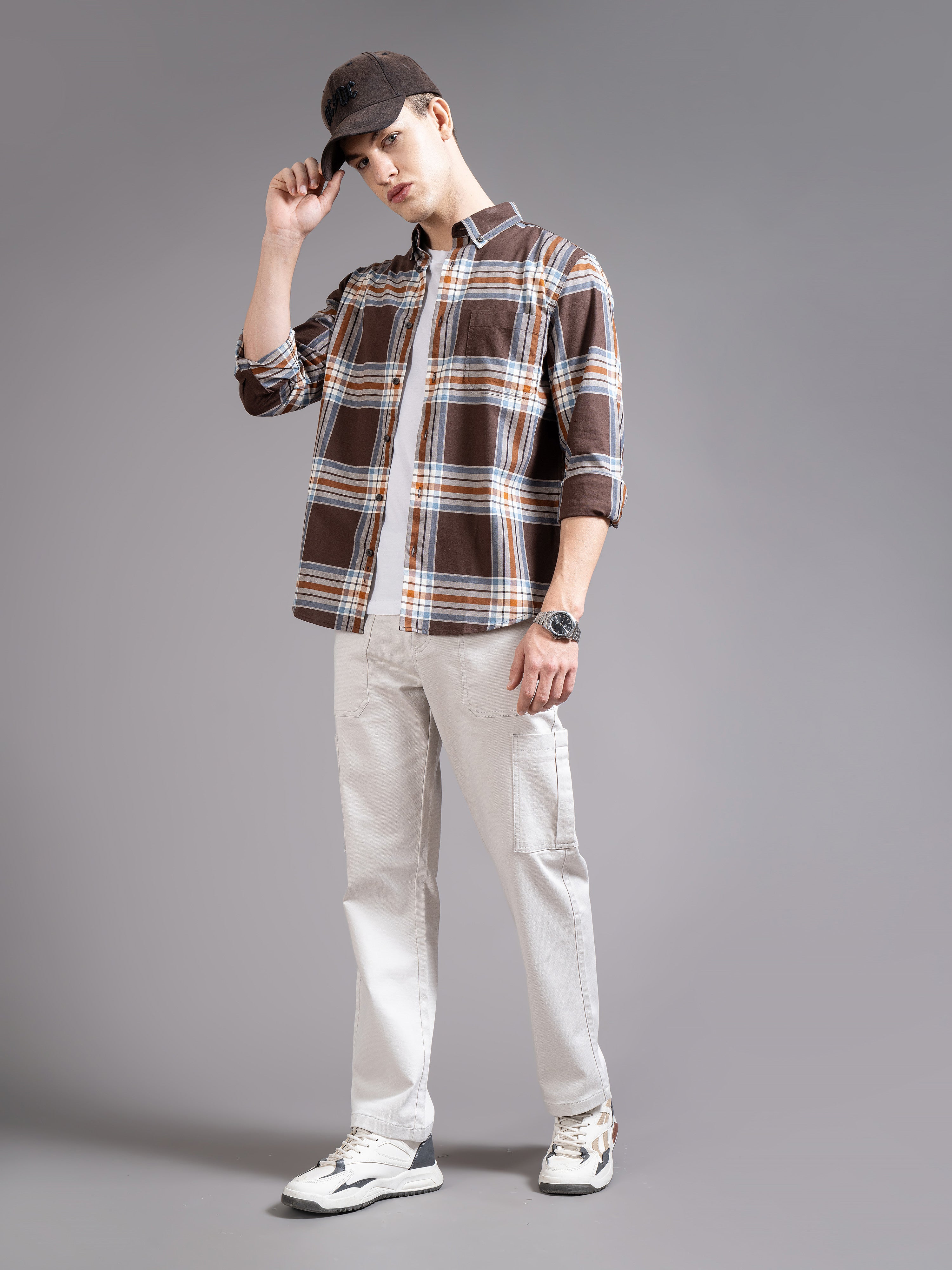 Men Brown Checked Shirt