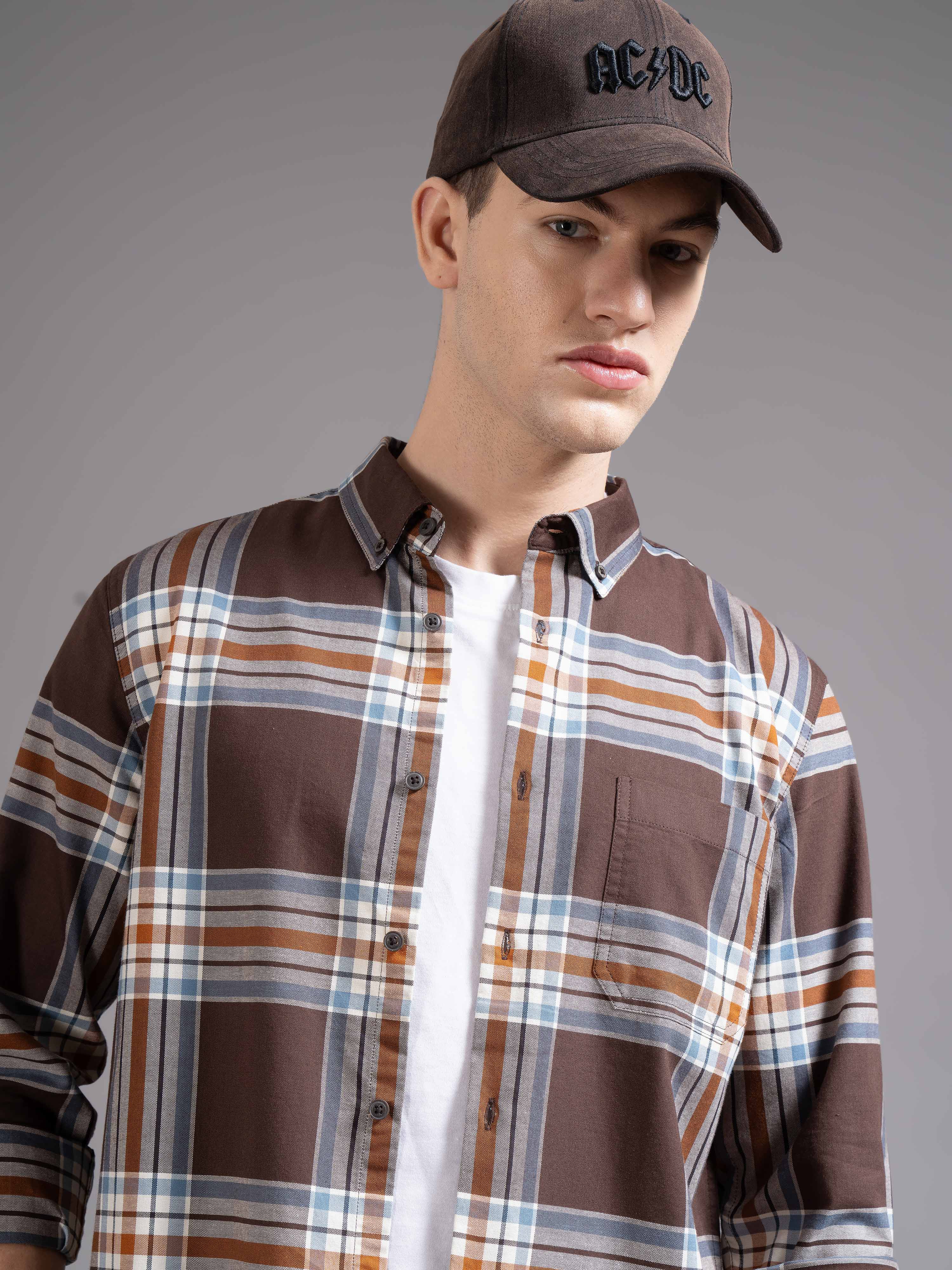 Men Brown Checked Shirt