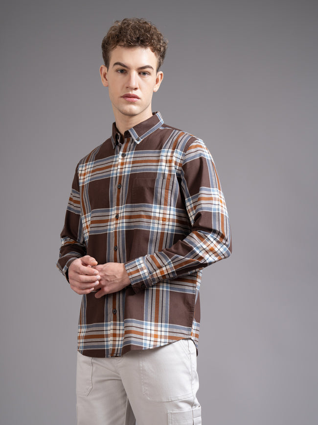 Men Brown Checked Shirt