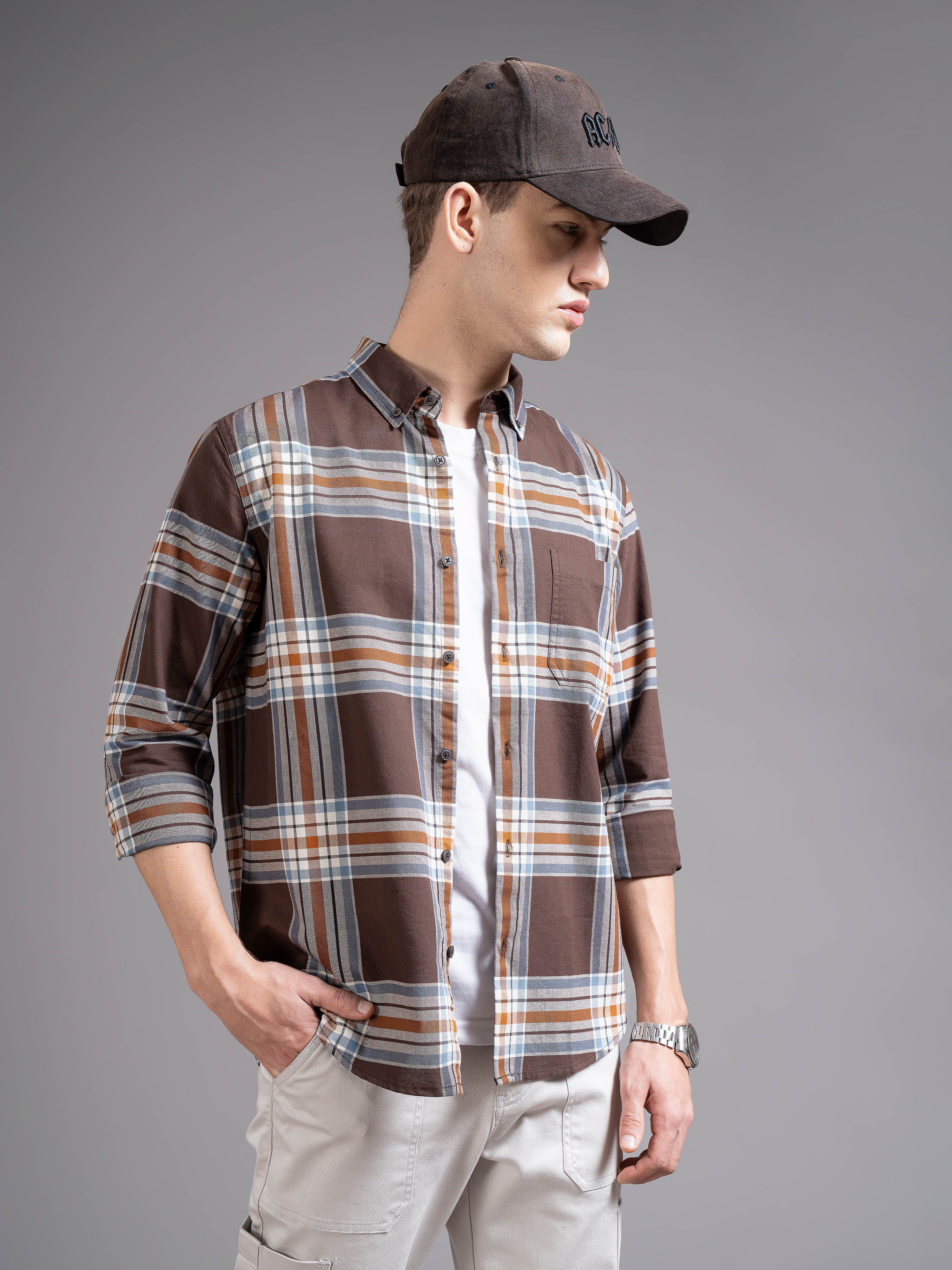 Men Brown Checked Shirt