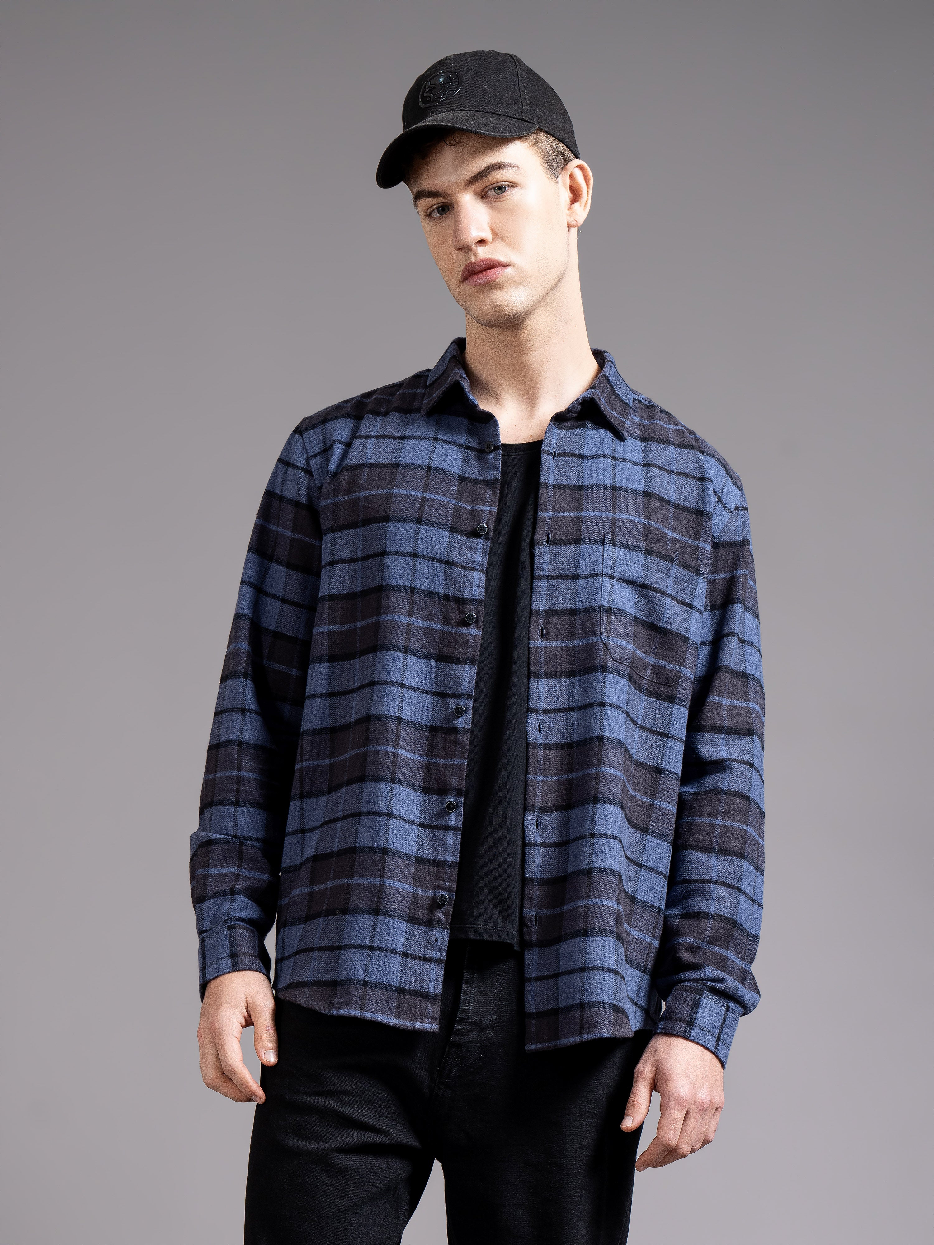 Men Navy Checked Shirt