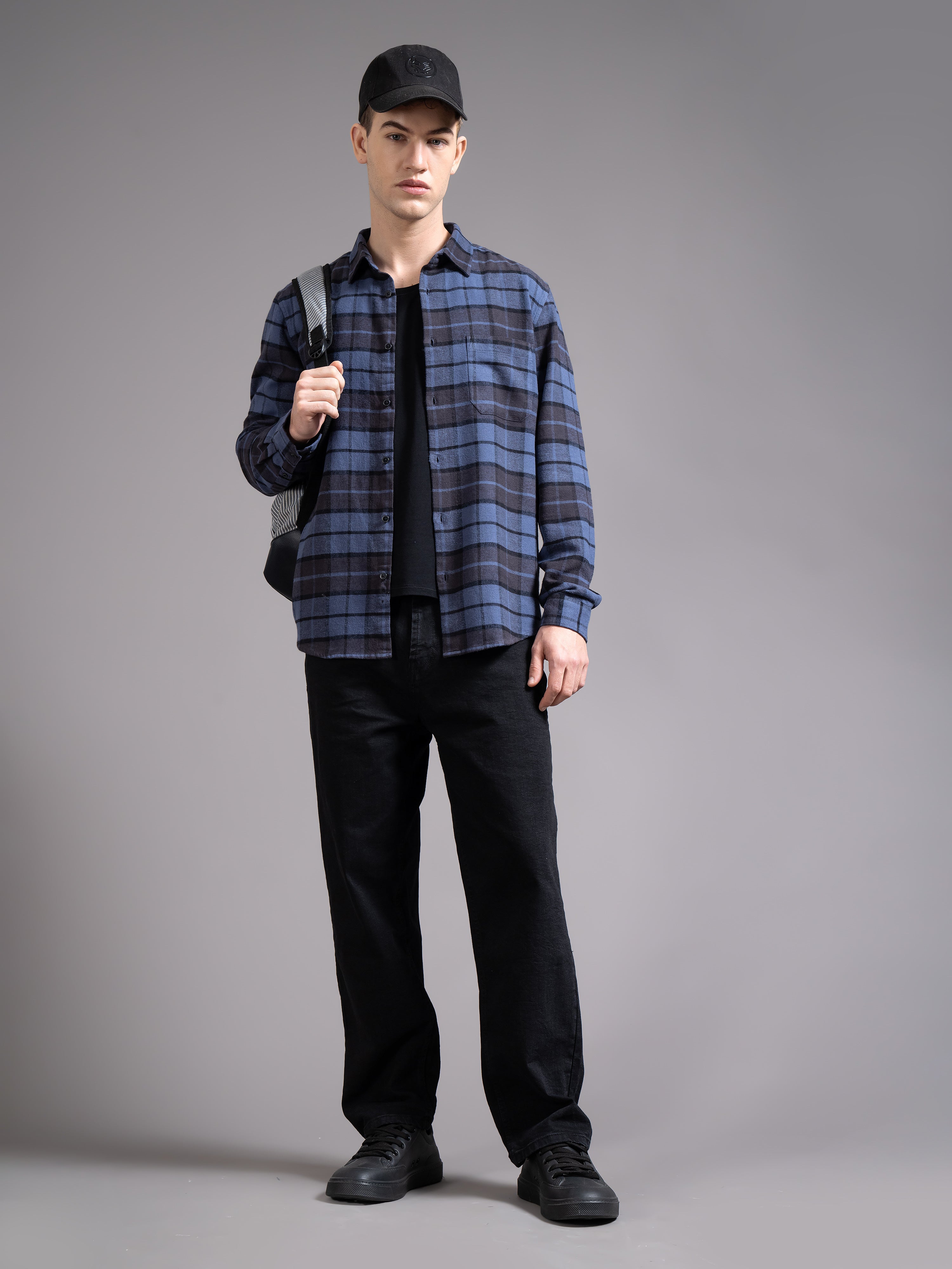 Men Navy Checked Shirt