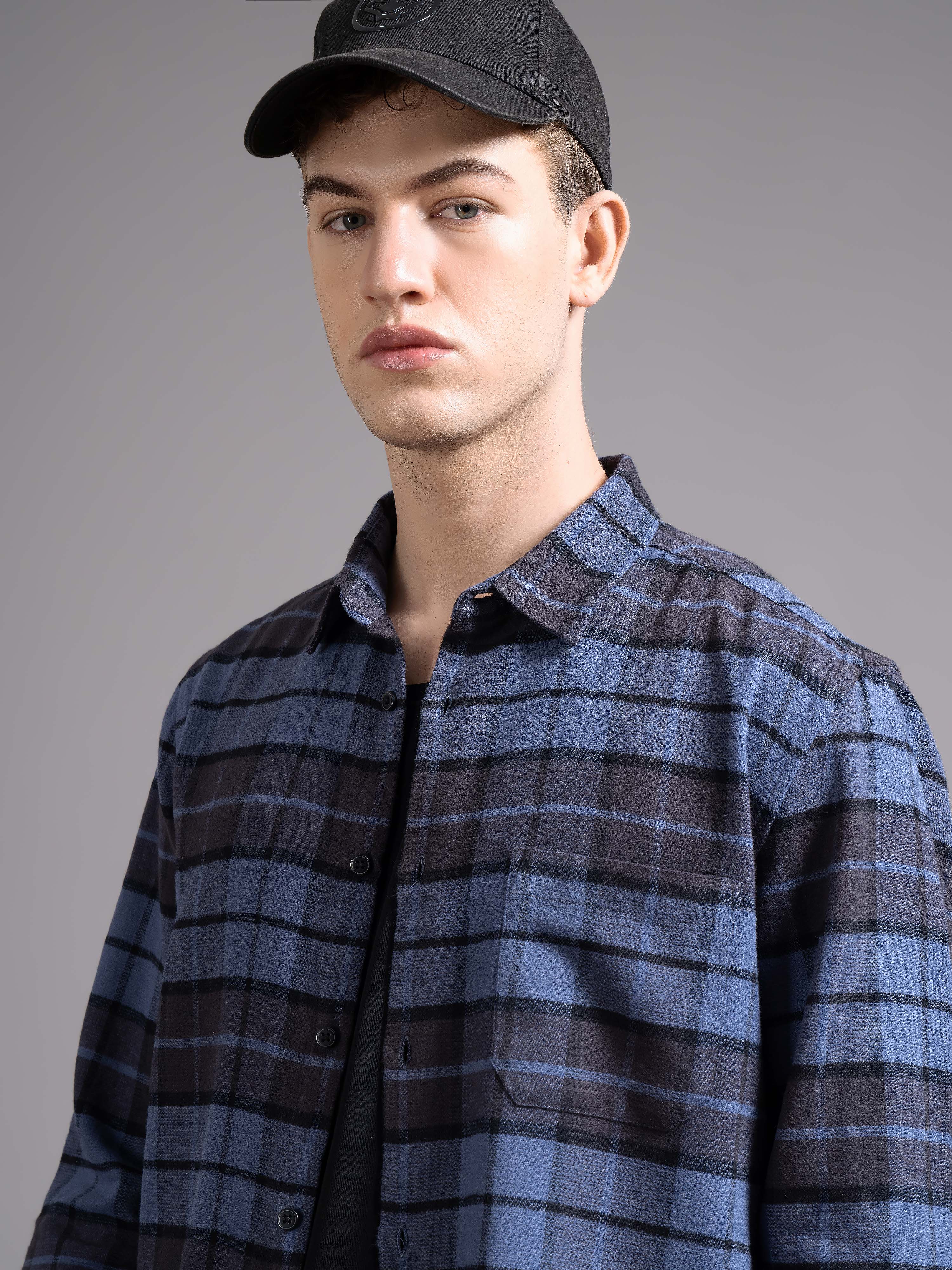 Men Navy Checked Shirt