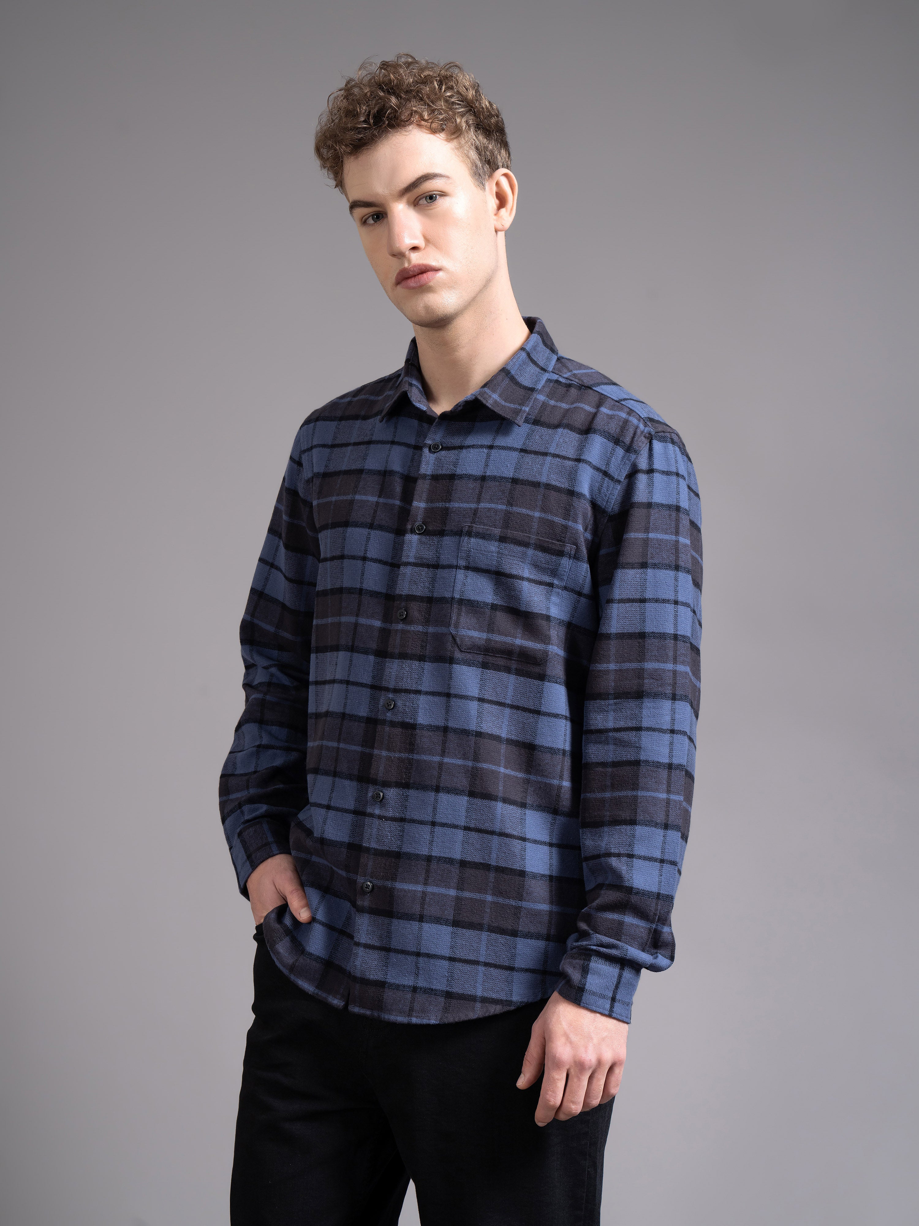 Men Navy Checked Shirt
