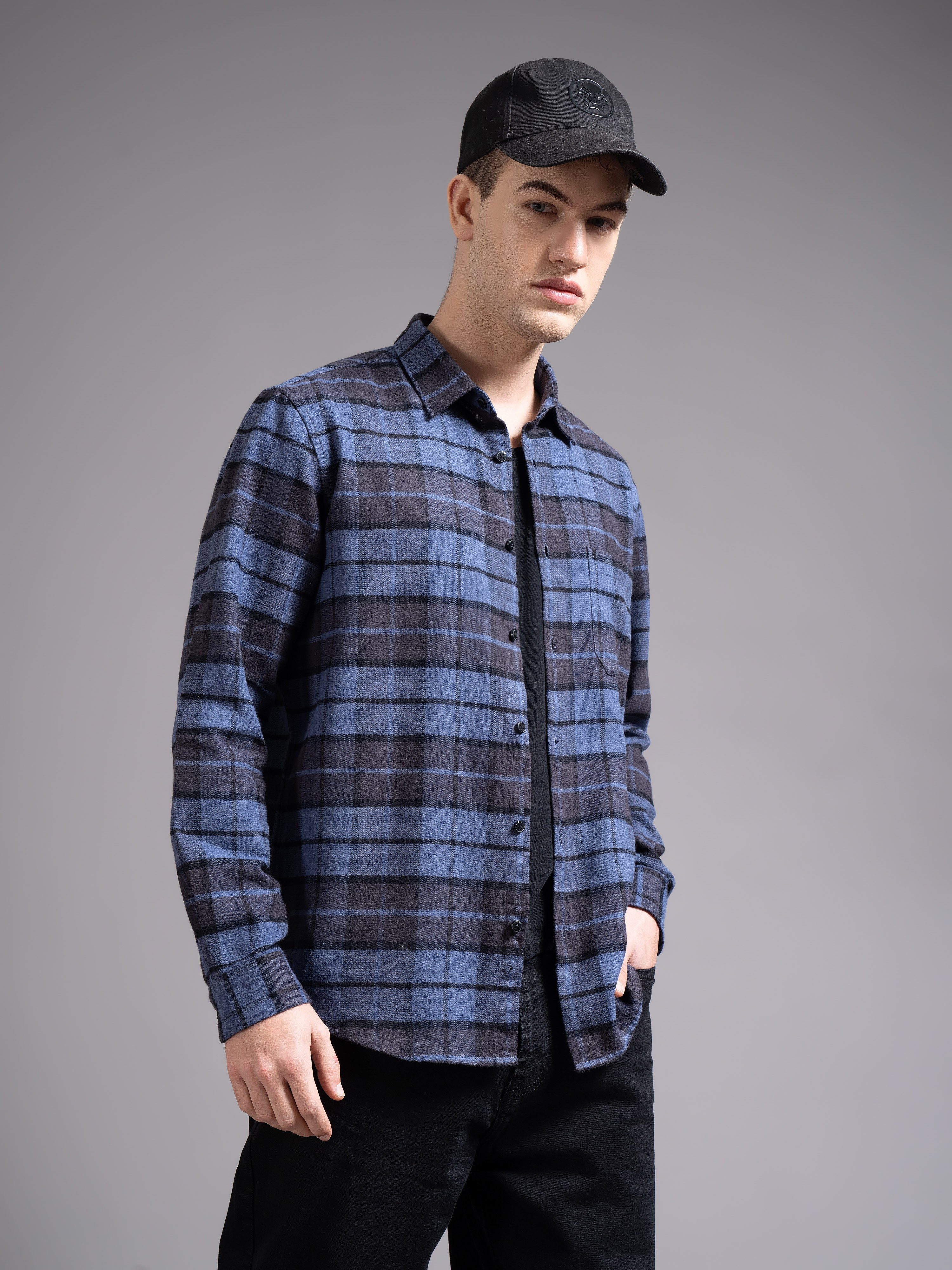 Men Navy Checked Shirt