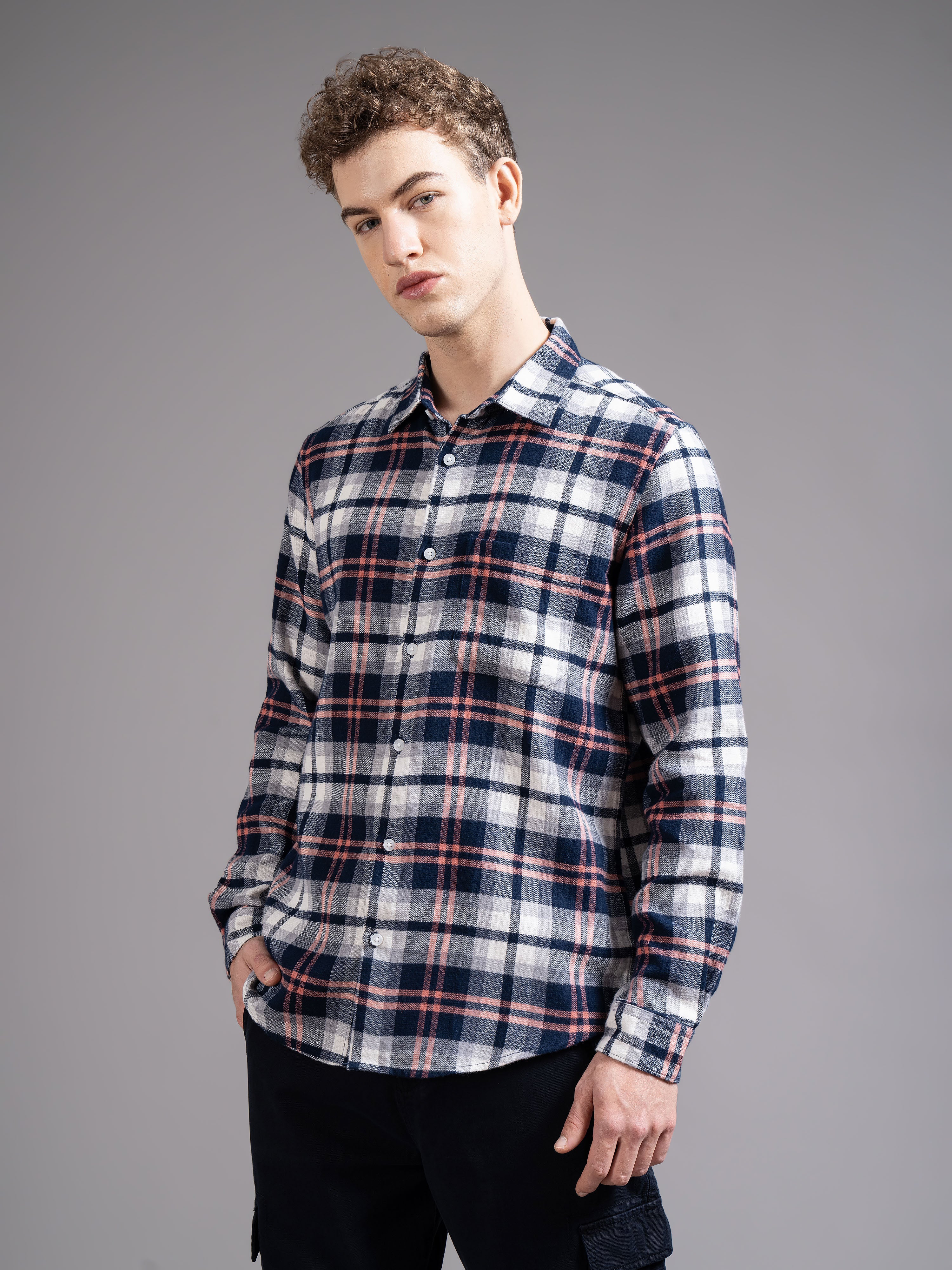 Men Navy Checked Shirt