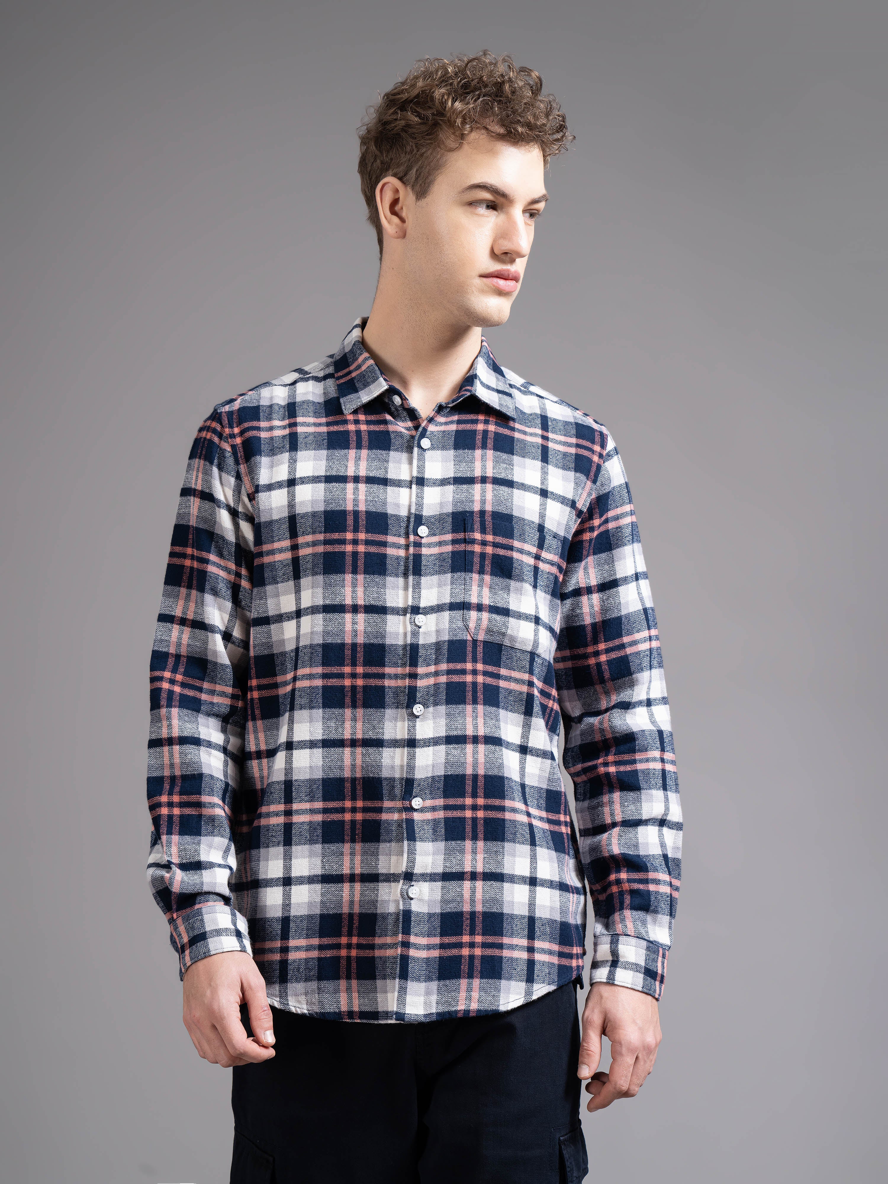 Men Navy Checked Shirt