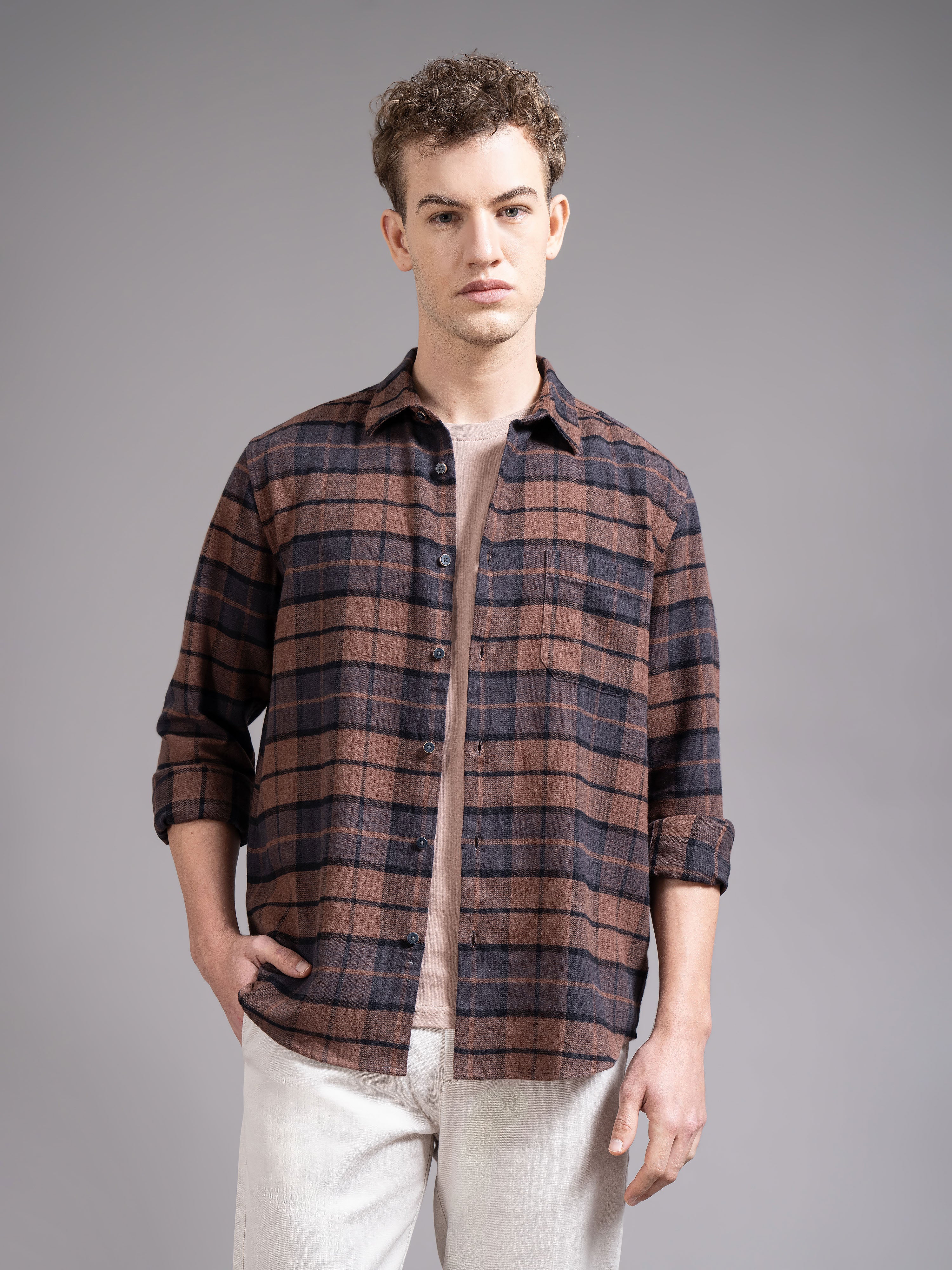 Men Brown Checked Shirt