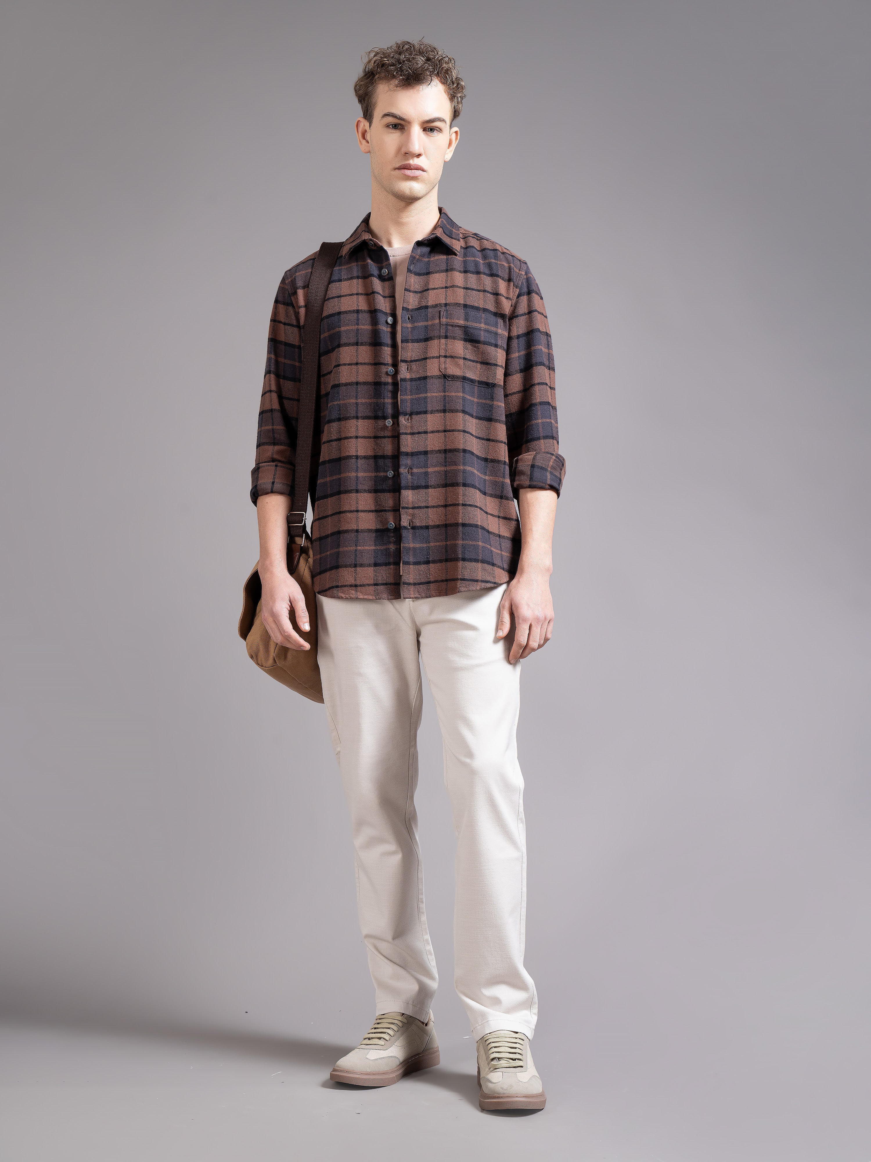 Men Brown Checked Shirt