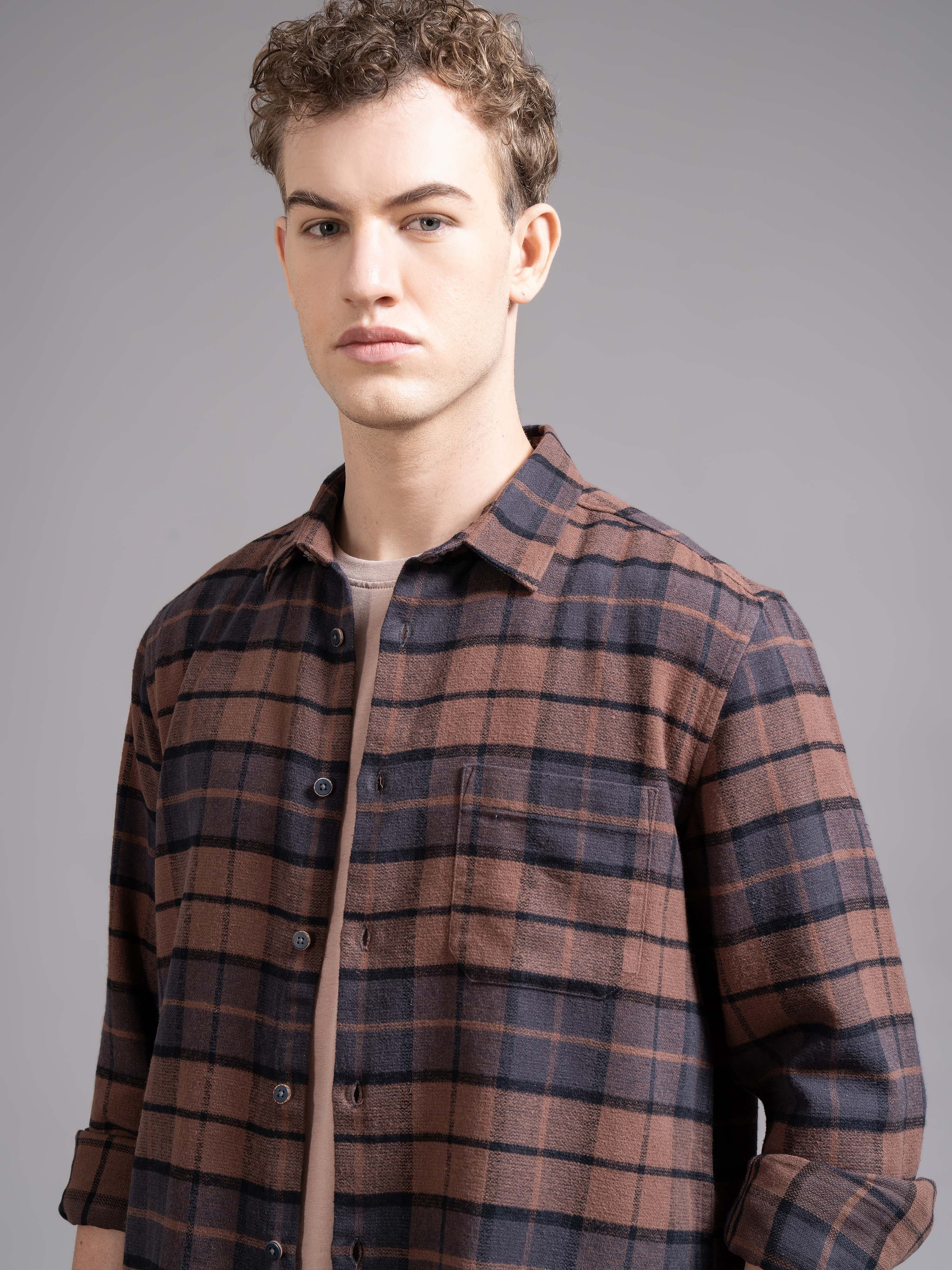 Men Brown Checked Shirt