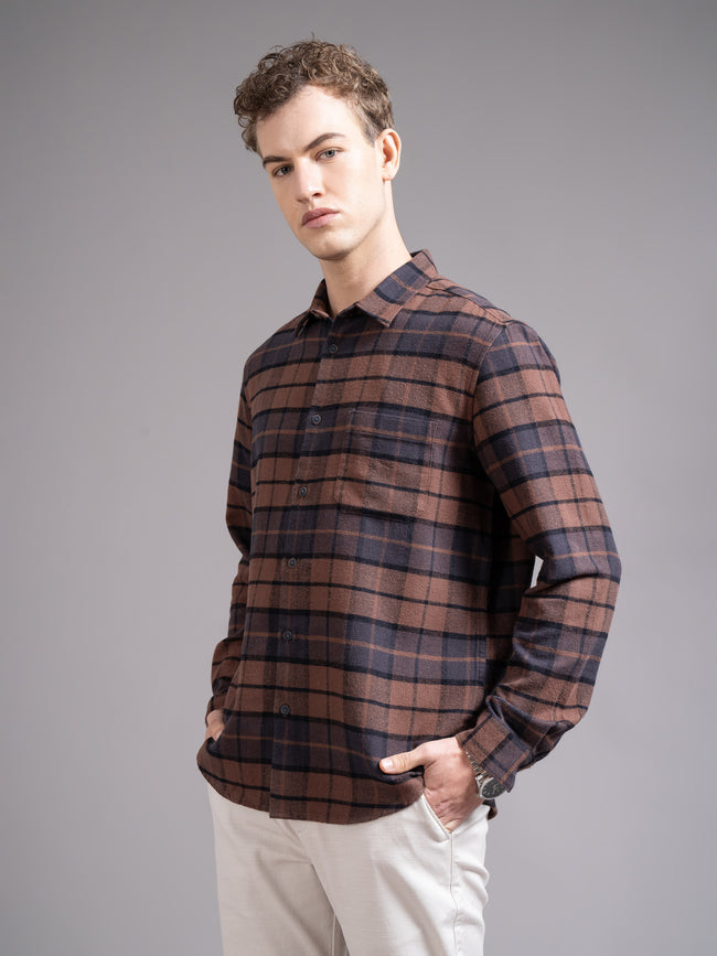 Men Brown Checked Shirt